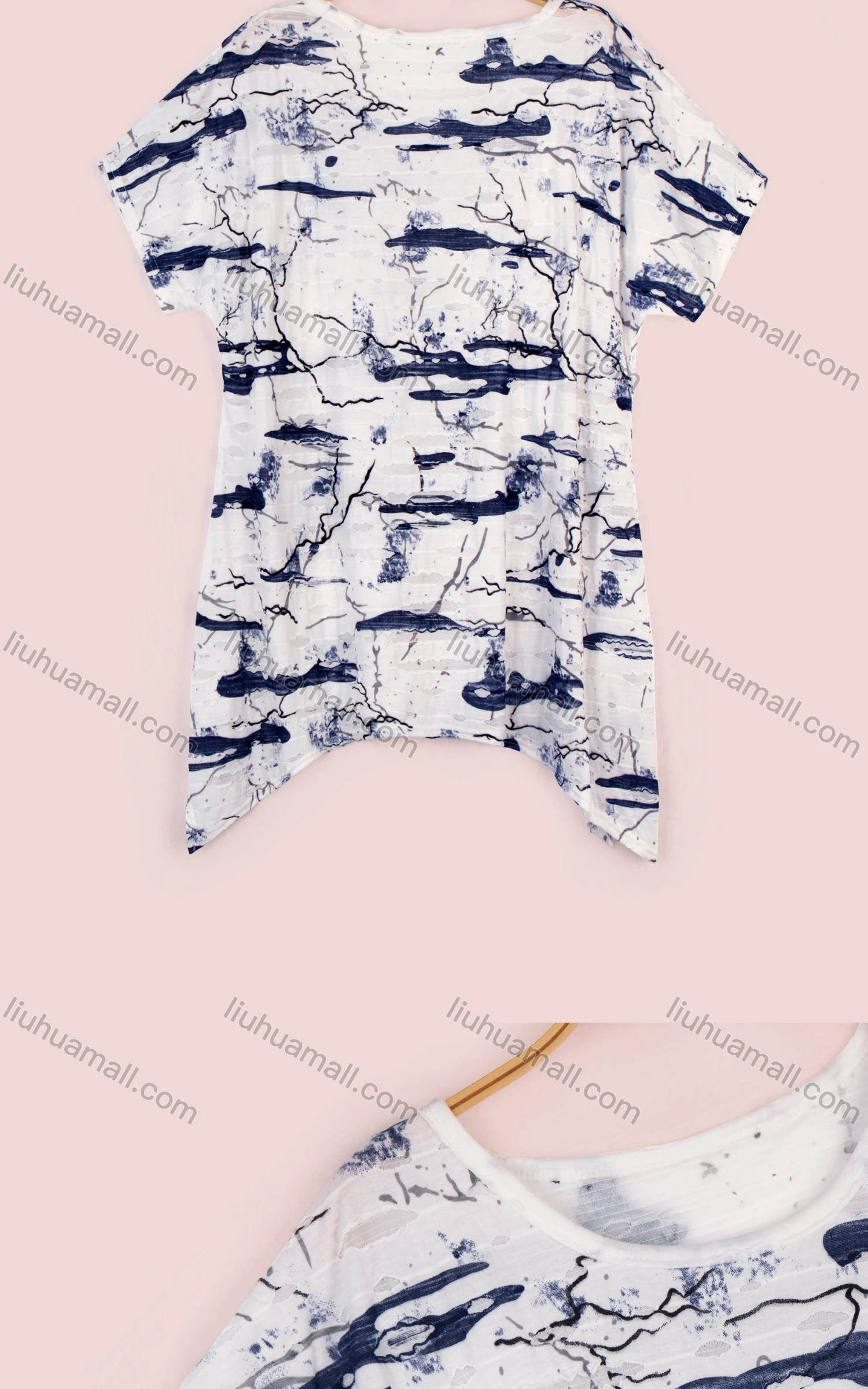 Wholesale Women's Casual Ink Painting Print Round Neck Short Sleeve Top - Liuhuamall