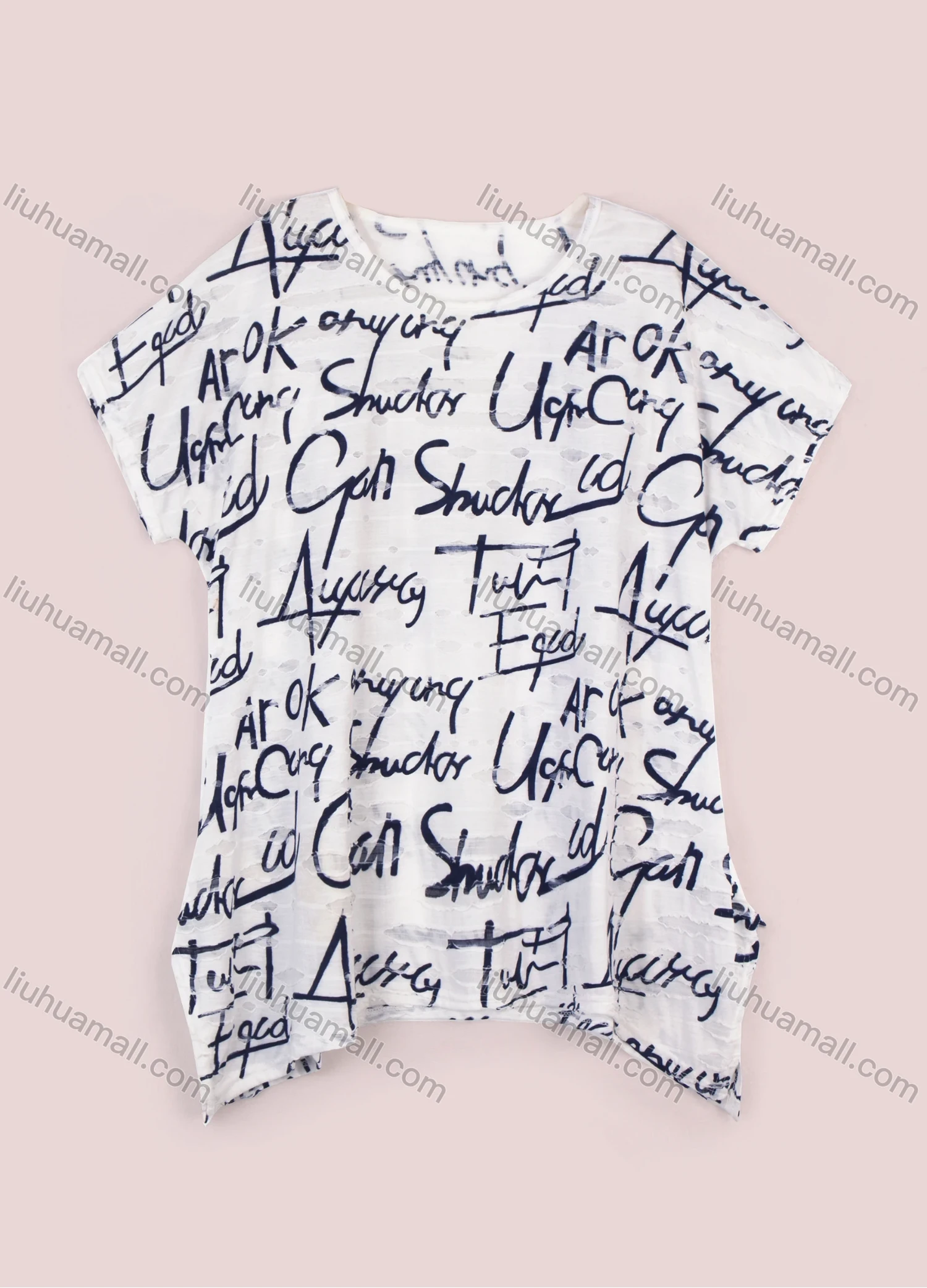 Wholesale Women's Casual Letter Print Round Neck Short Sleeve Curved Hem Top - Liuhuamall