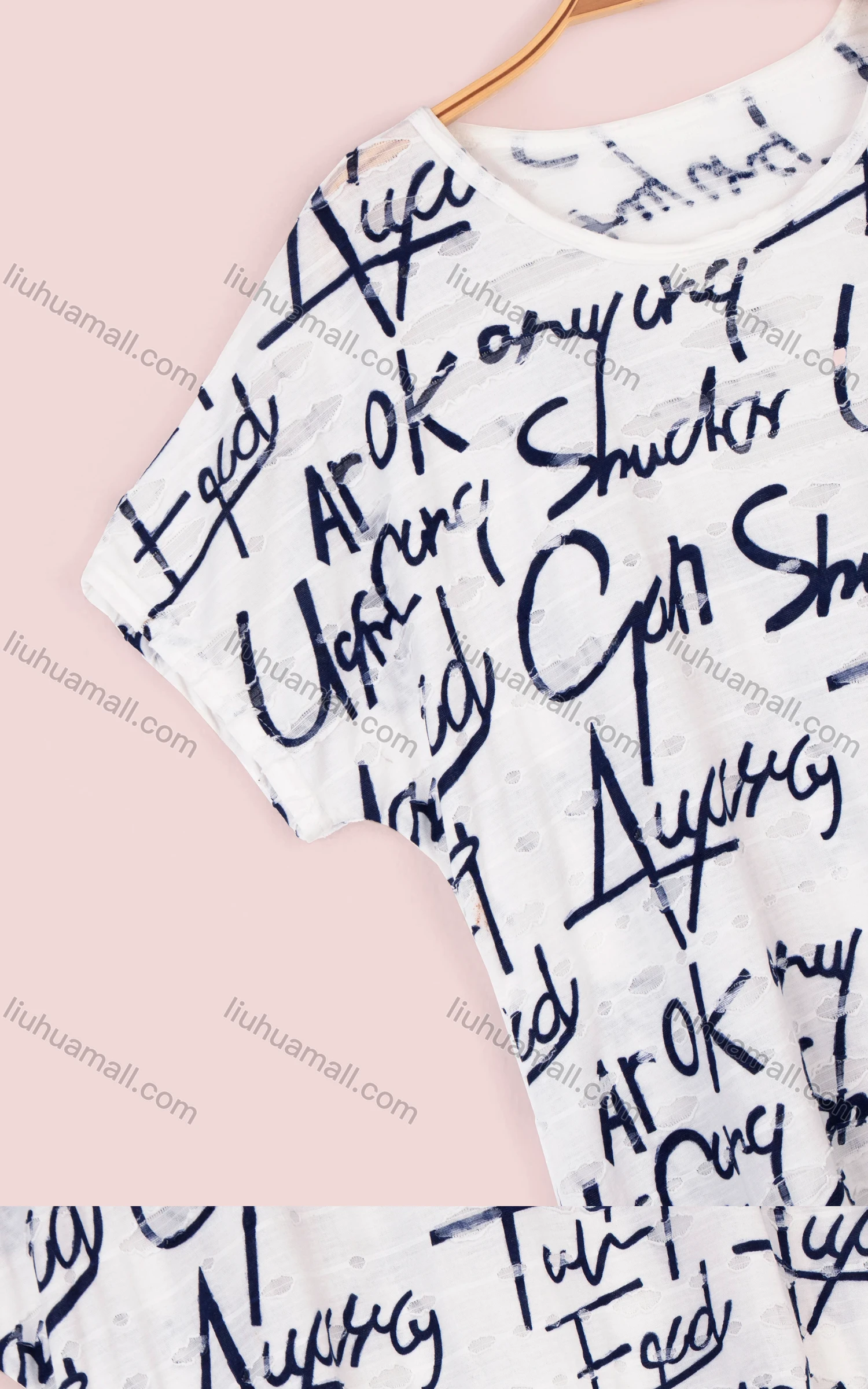 Wholesale Women's Casual Letter Print Round Neck Short Sleeve Curved Hem Top - Liuhuamall