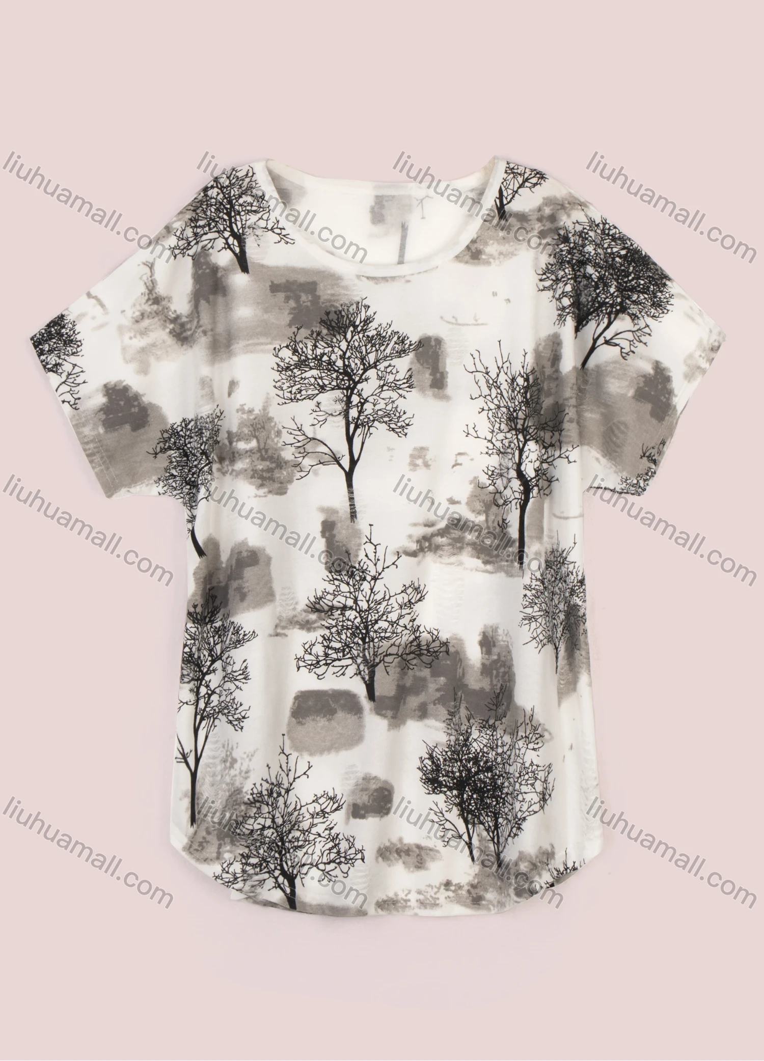 Wholesale Women's Casual Ink Painting Print Short Sleeve Round Neck Tee - Liuhuamall