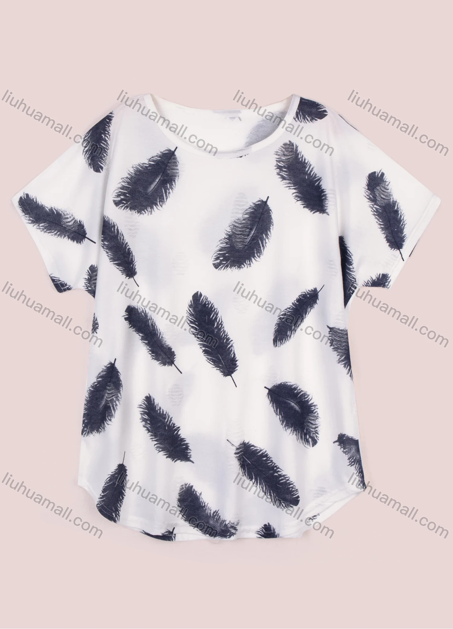 Wholesale Women's Casual Short Sleeve Feather Print Round Neck Tee - Liuhuamall