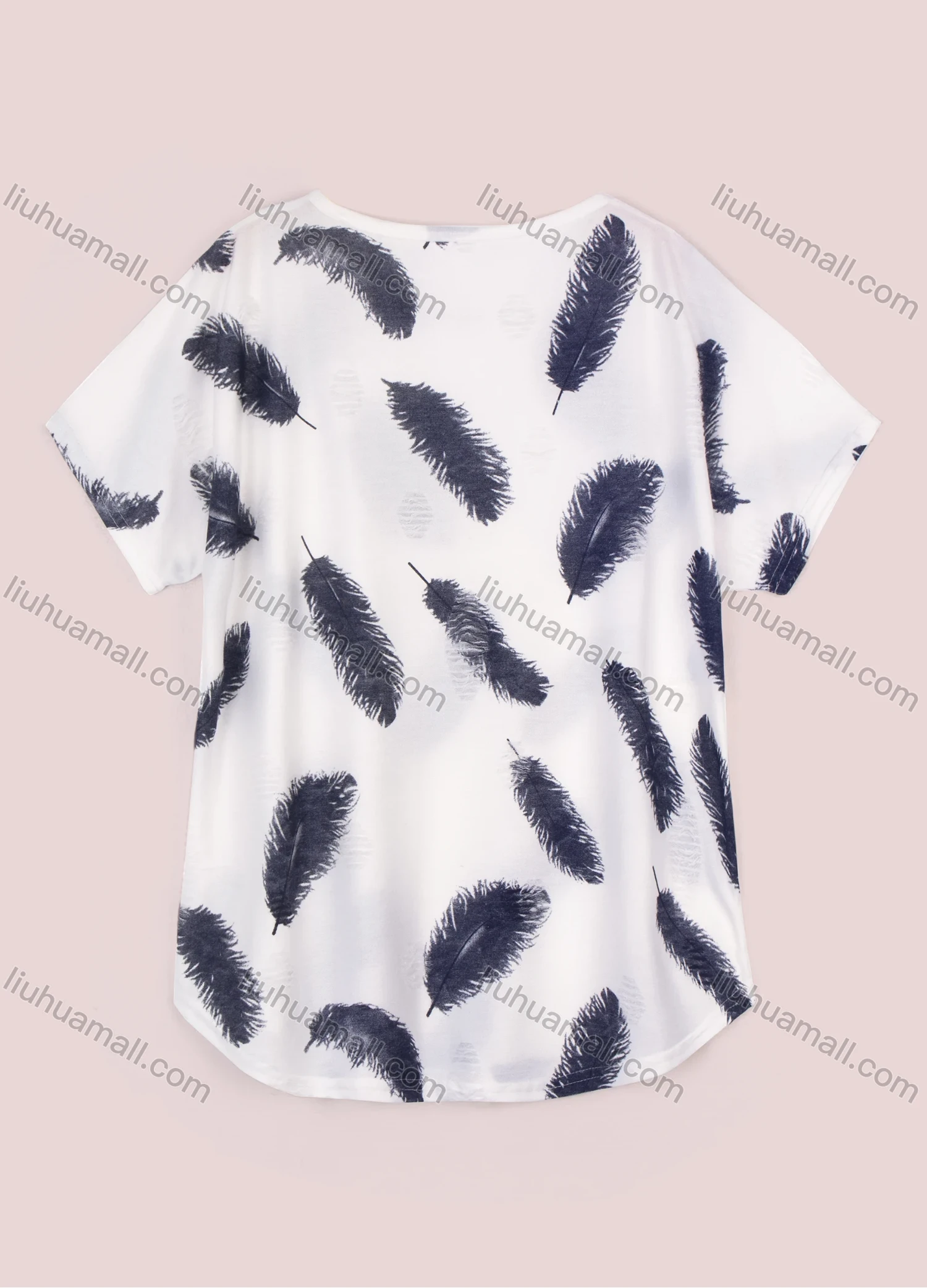 Wholesale Women's Casual Short Sleeve Feather Print Round Neck Tee - Liuhuamall