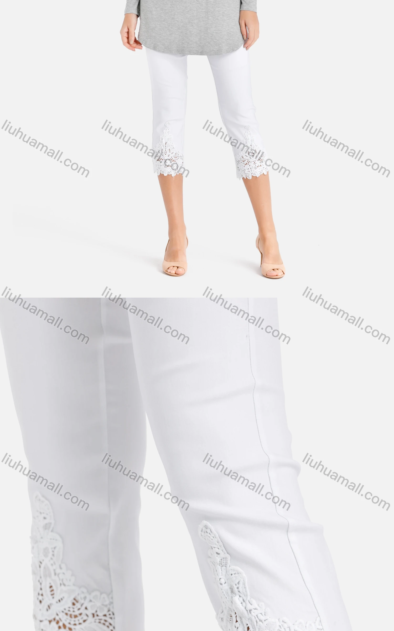 Wholesale Women's Fall Lace Appliques Skinny Capris Pants - Liuhuamall