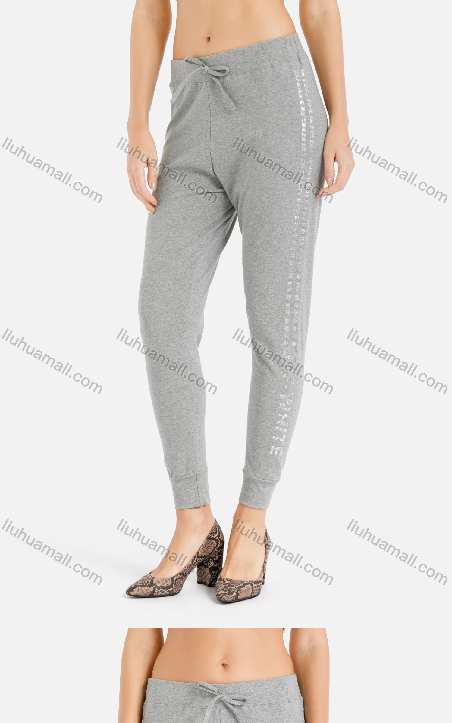 Wholesale Women's Rhinestone Striped Crop SweatPants - Liuhuamall