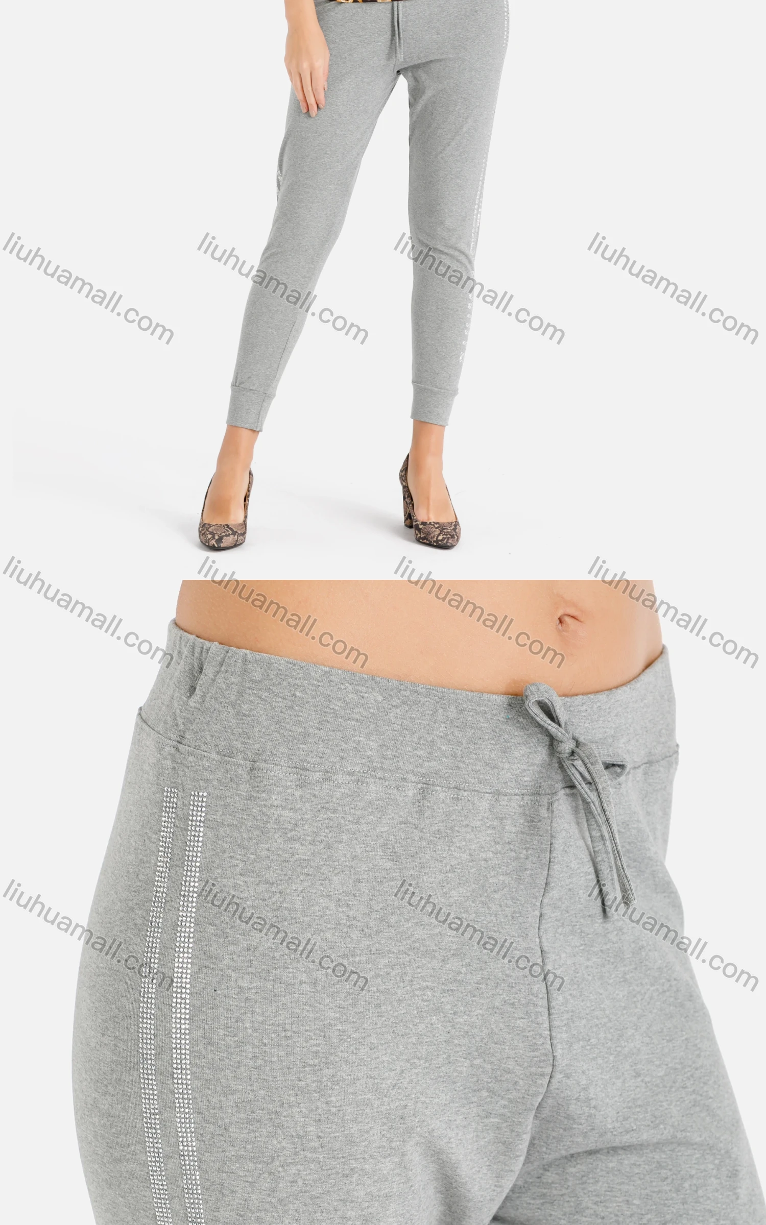 Wholesale Women's Rhinestone Striped Crop SweatPants - Liuhuamall