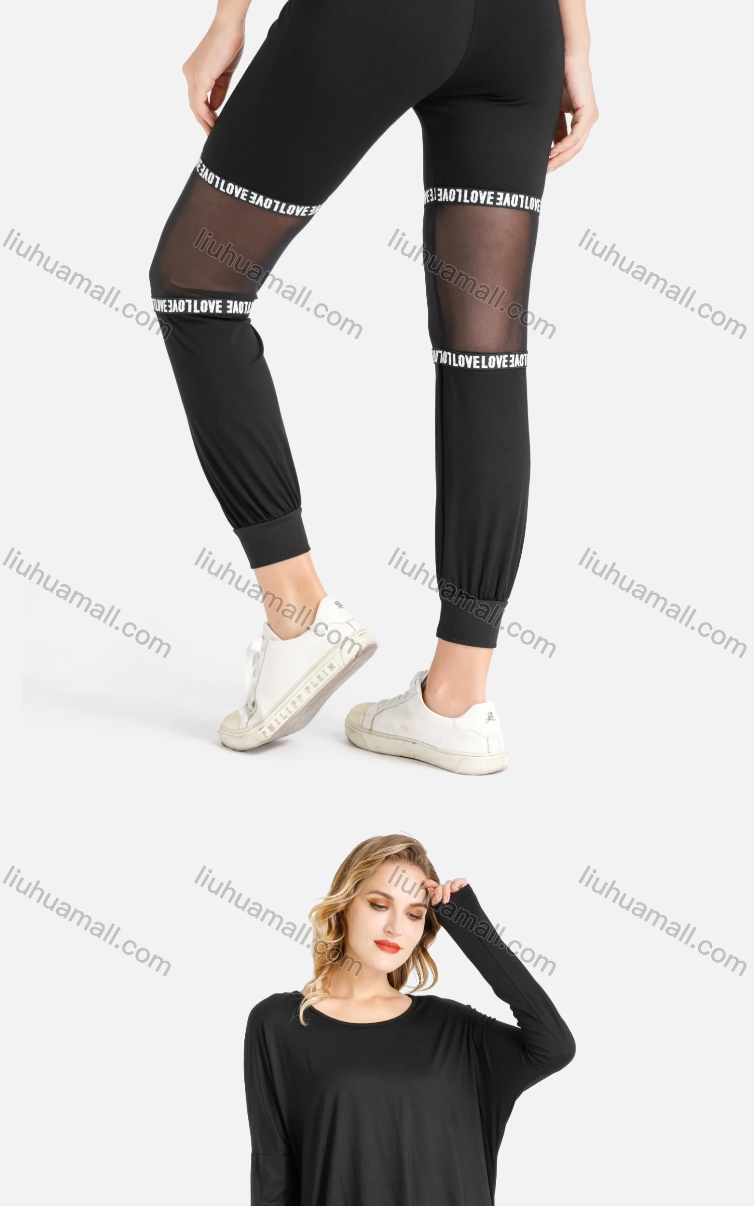 Wholesale Women's Mesh Panels Letter Graphic Crop Active Pants - Liuhuamall