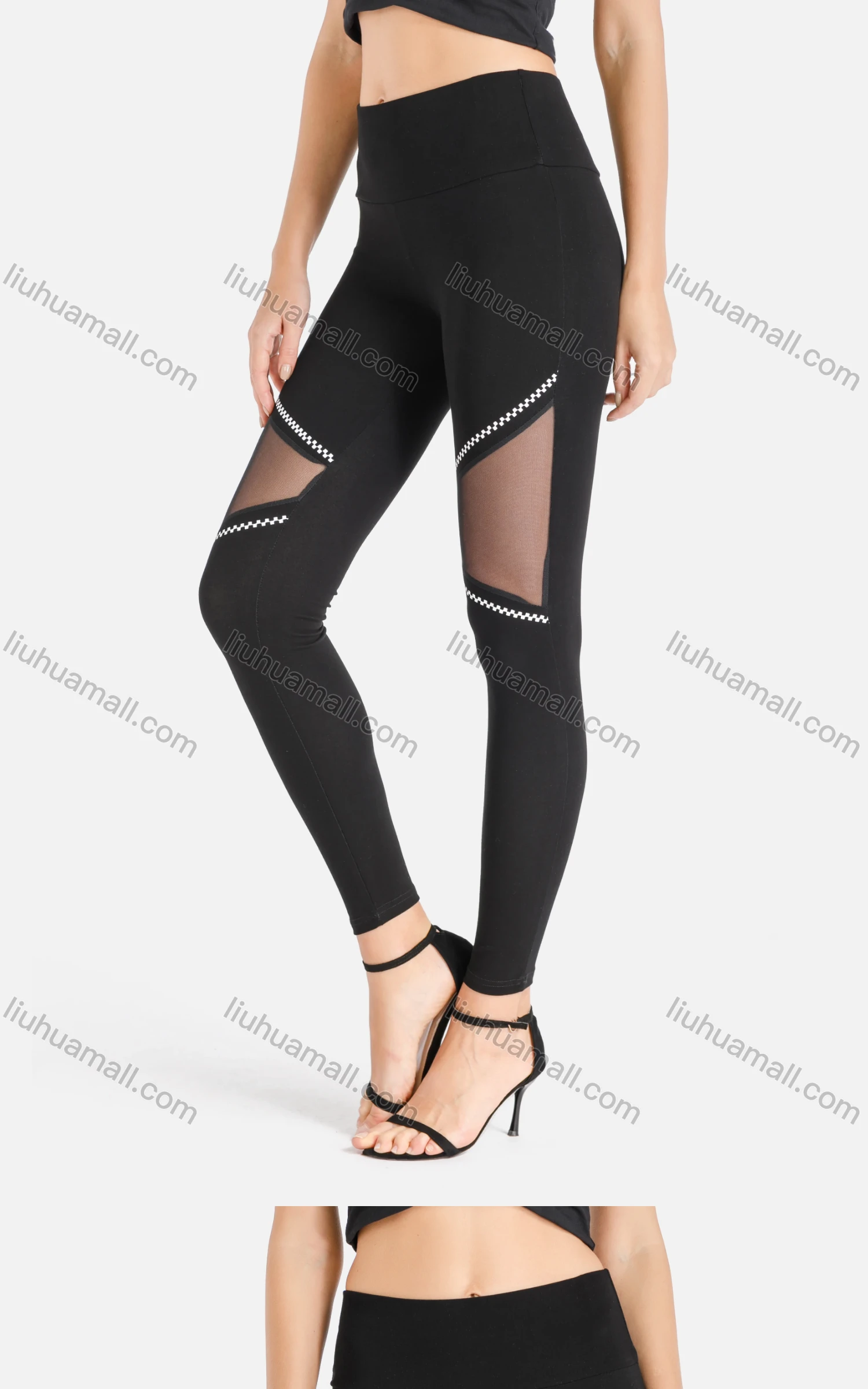 Wholesale Women's Contrasted Zip Print Mesh Panels Crop Leggings - Liuhuamall