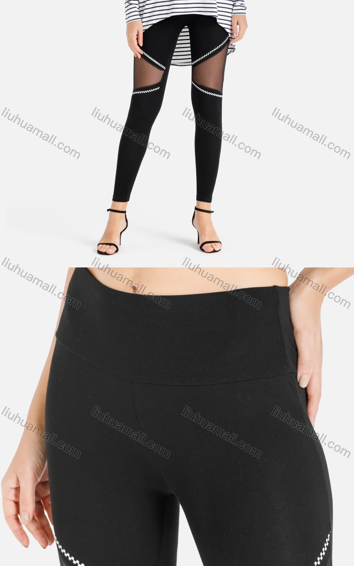 Wholesale Women's Contrasted Zip Print Mesh Panels Crop Leggings - Liuhuamall