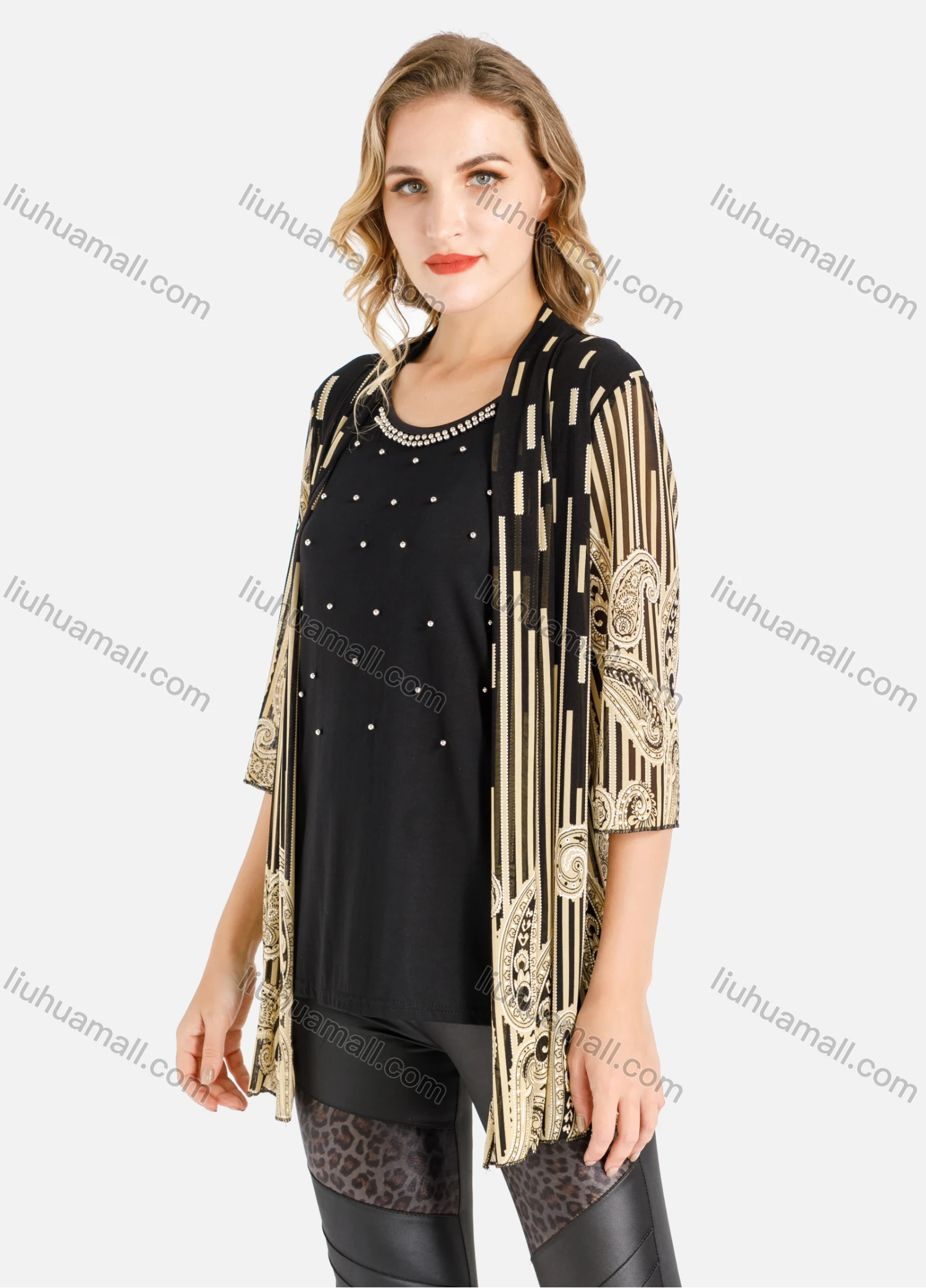 Wholesale Women's Spring Striped Folkloric Print Half Sleeve Mesh Cardigan - Liuhuamall