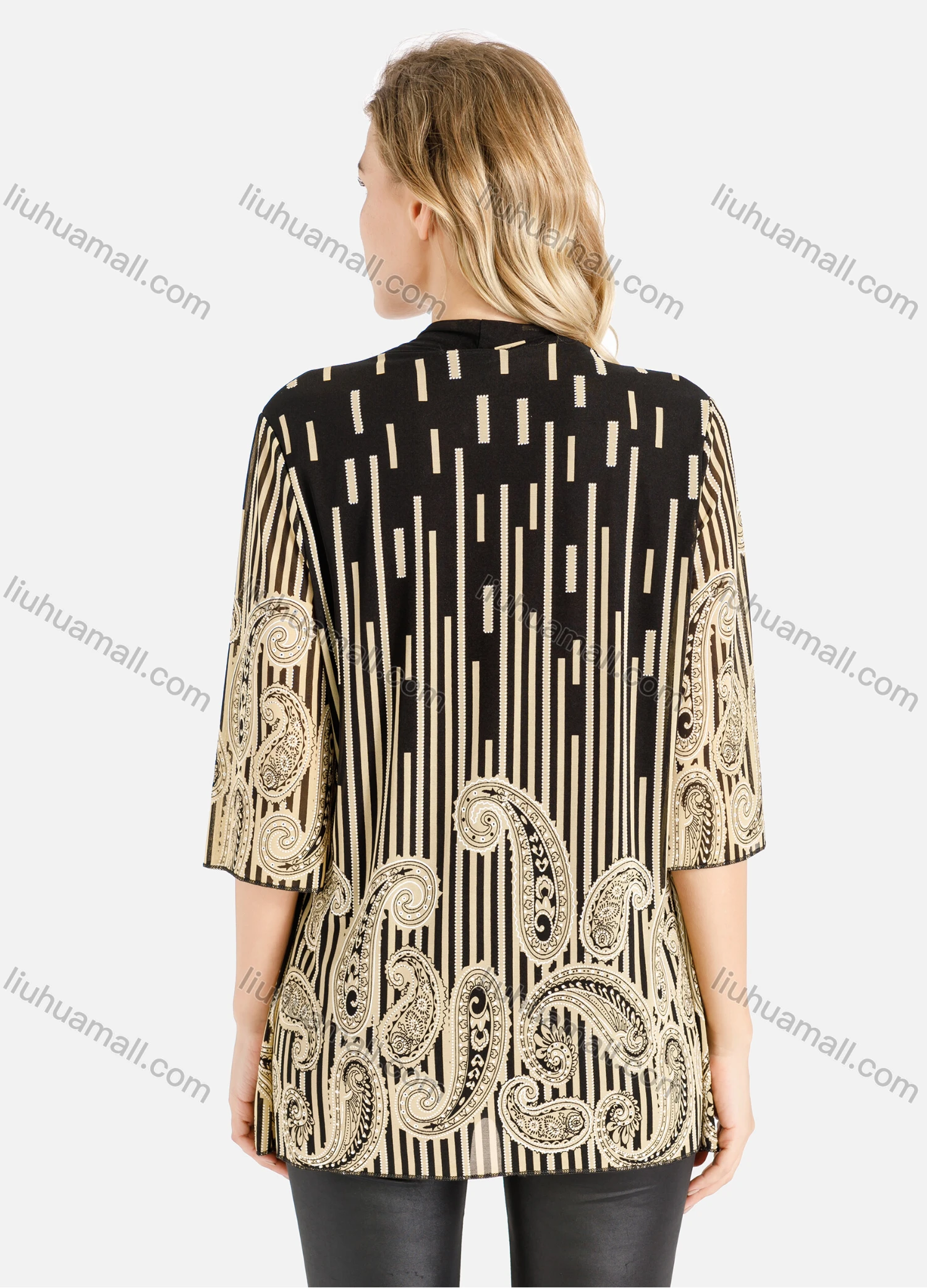 Wholesale Women's Spring Striped Folkloric Print Half Sleeve Mesh Cardigan - Liuhuamall