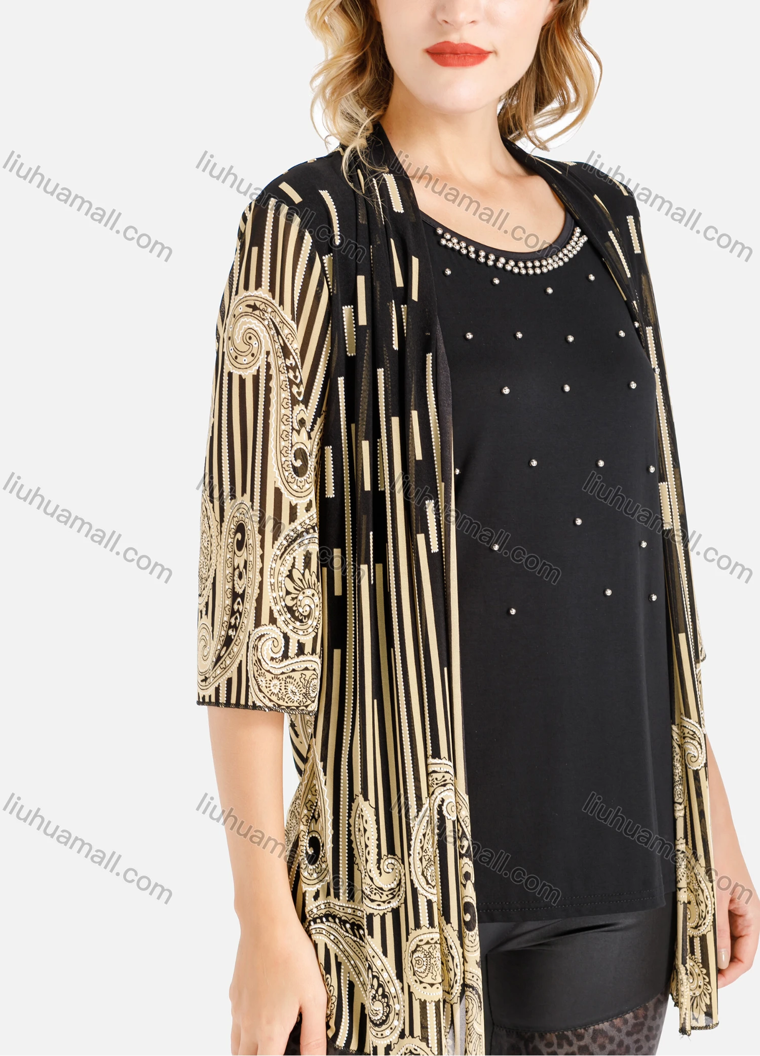 Wholesale Women's Spring Striped Folkloric Print Half Sleeve Mesh Cardigan - Liuhuamall