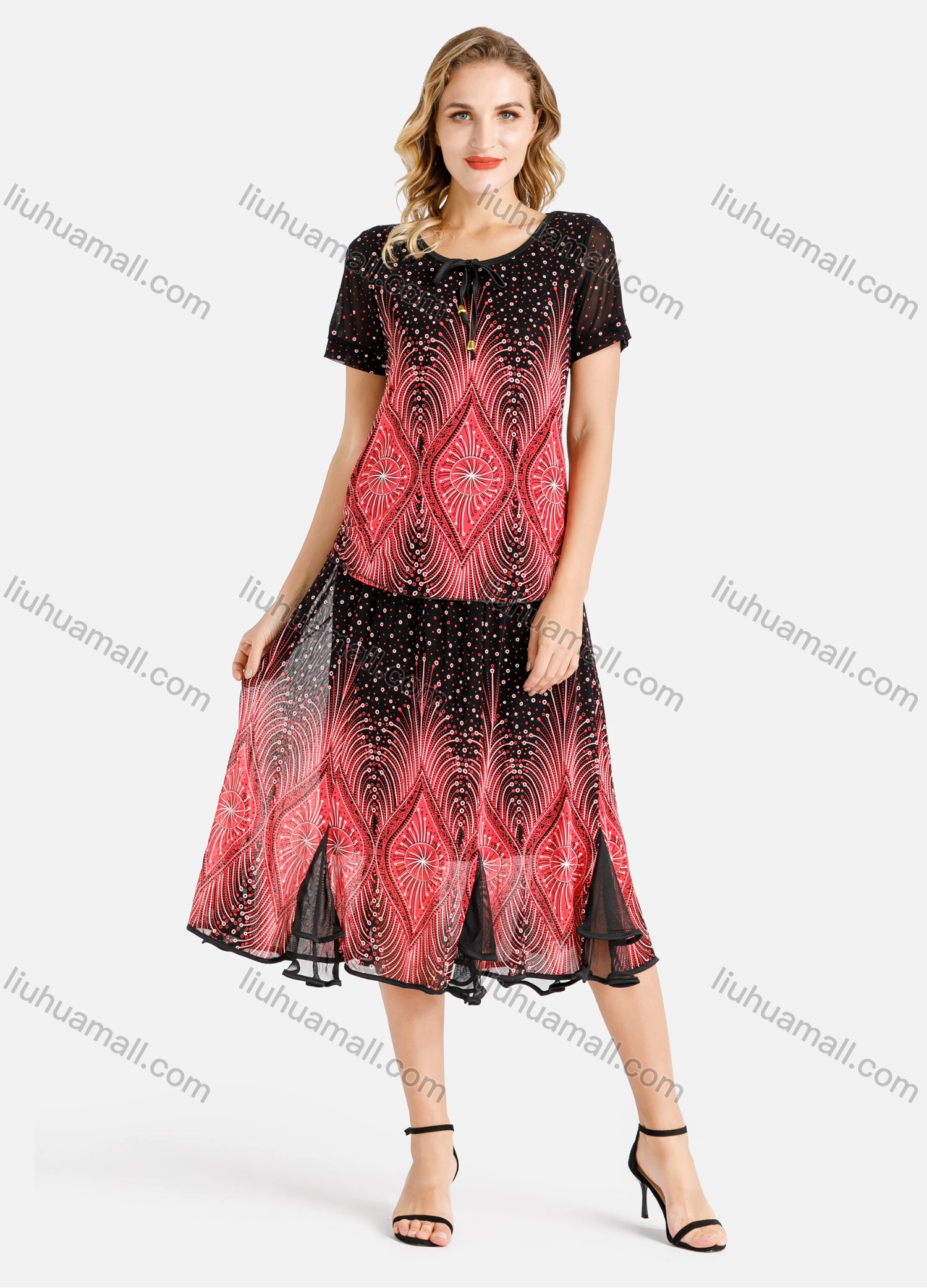 Wholesale Women's Summer Folkloric Print Round Neck Short Sleeve Top & Godet Hem Maxi Skirt Set - Liuhuamall