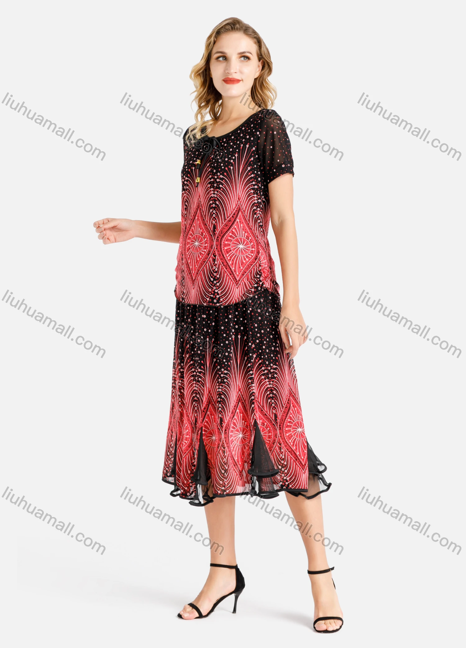 Wholesale Women's Summer Folkloric Print Round Neck Short Sleeve Top & Godet Hem Maxi Skirt Set - Liuhuamall