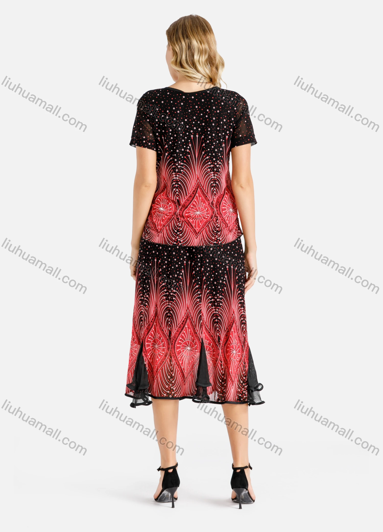 Wholesale Women's Summer Folkloric Print Round Neck Short Sleeve Top & Godet Hem Maxi Skirt Set - Liuhuamall