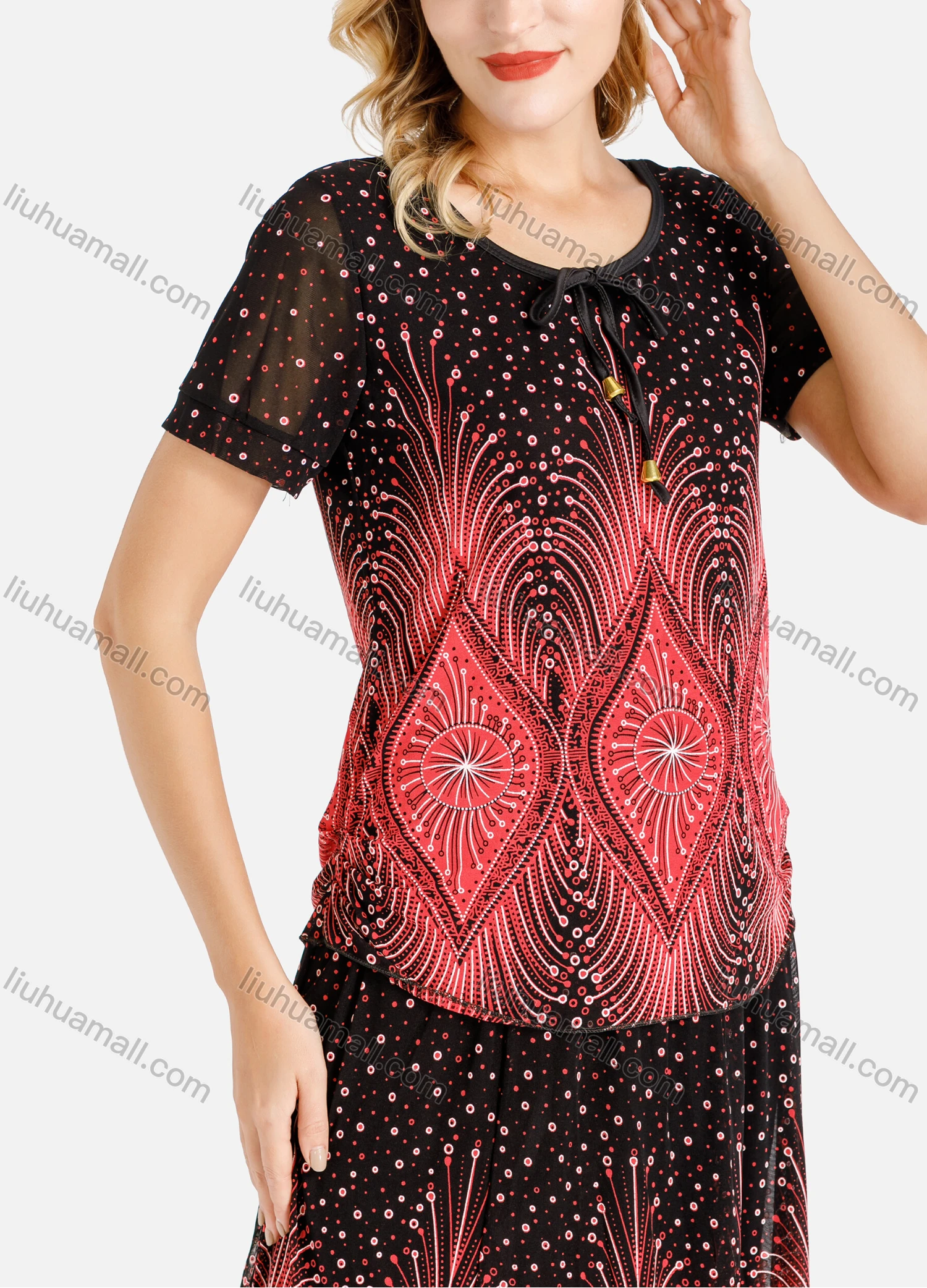 Wholesale Women's Summer Folkloric Print Round Neck Short Sleeve Top & Godet Hem Maxi Skirt Set - Liuhuamall