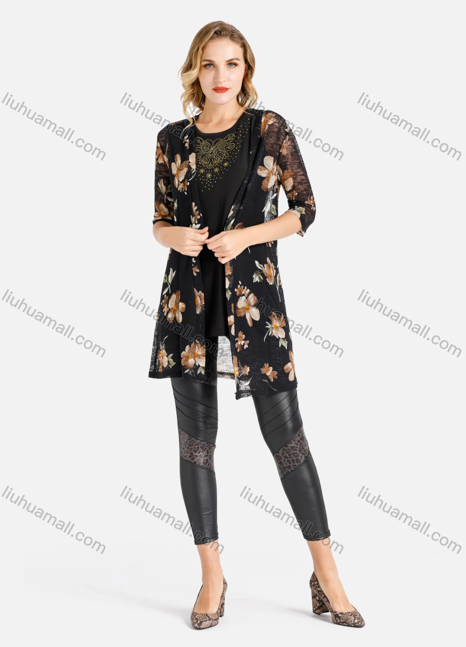 Wholesale Women's Casual Spring Floral Print Half Sleeve Mesh Cardigan - Liuhuamall