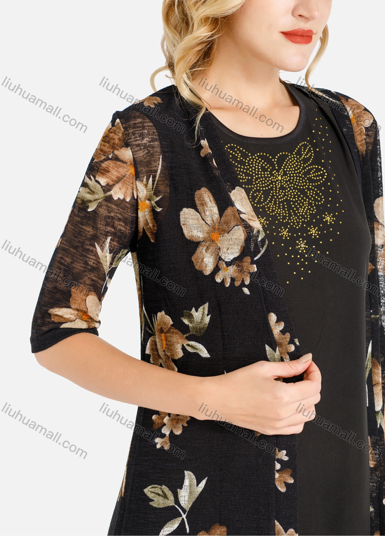 Wholesale Women's Casual Spring Floral Print Half Sleeve Mesh Cardigan - Liuhuamall