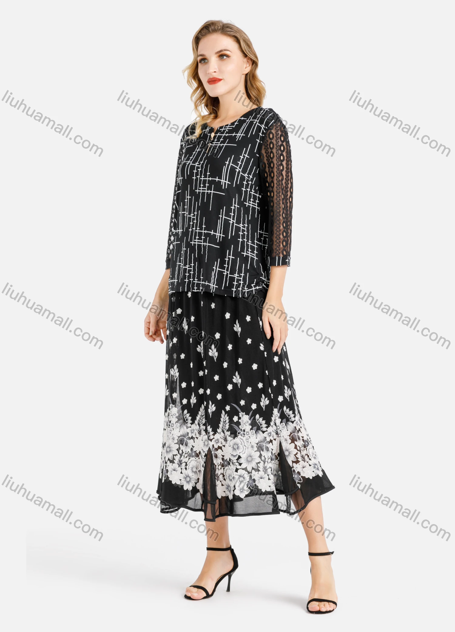 Wholesale Women's Spring Mock Neck 3/4 Sleeve Geo Print Top & Ditsy Godet Hem Midi Skirt Set - Liuhuamall