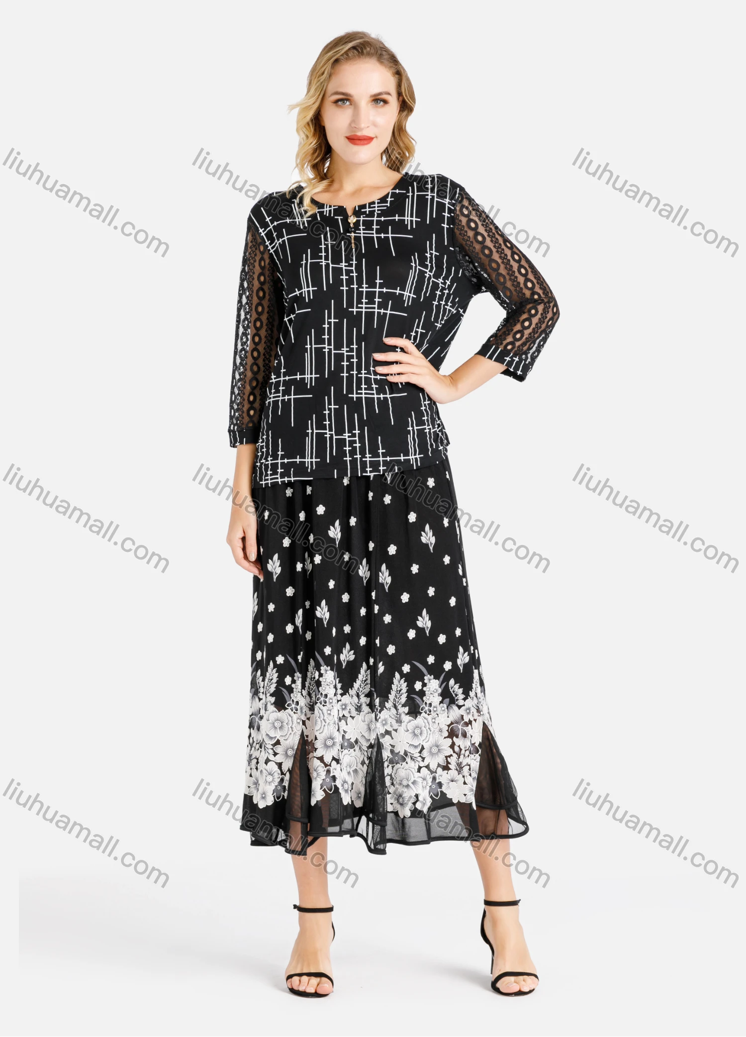 Wholesale Women's Spring Mock Neck 3/4 Sleeve Geo Print Top & Ditsy Godet Hem Midi Skirt Set - Liuhuamall