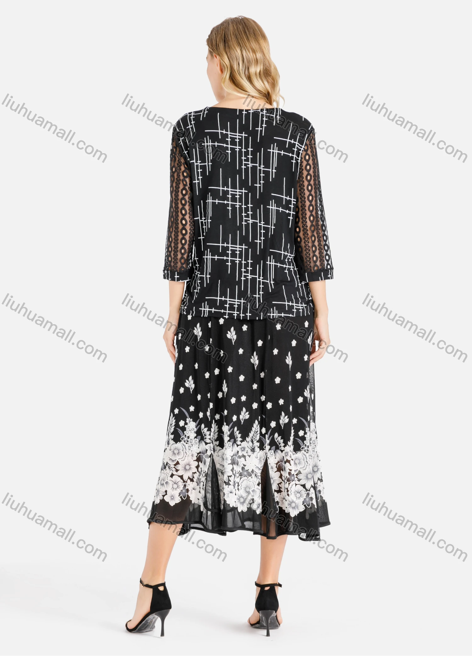 Wholesale Women's Spring Mock Neck 3/4 Sleeve Geo Print Top & Ditsy Godet Hem Midi Skirt Set - Liuhuamall