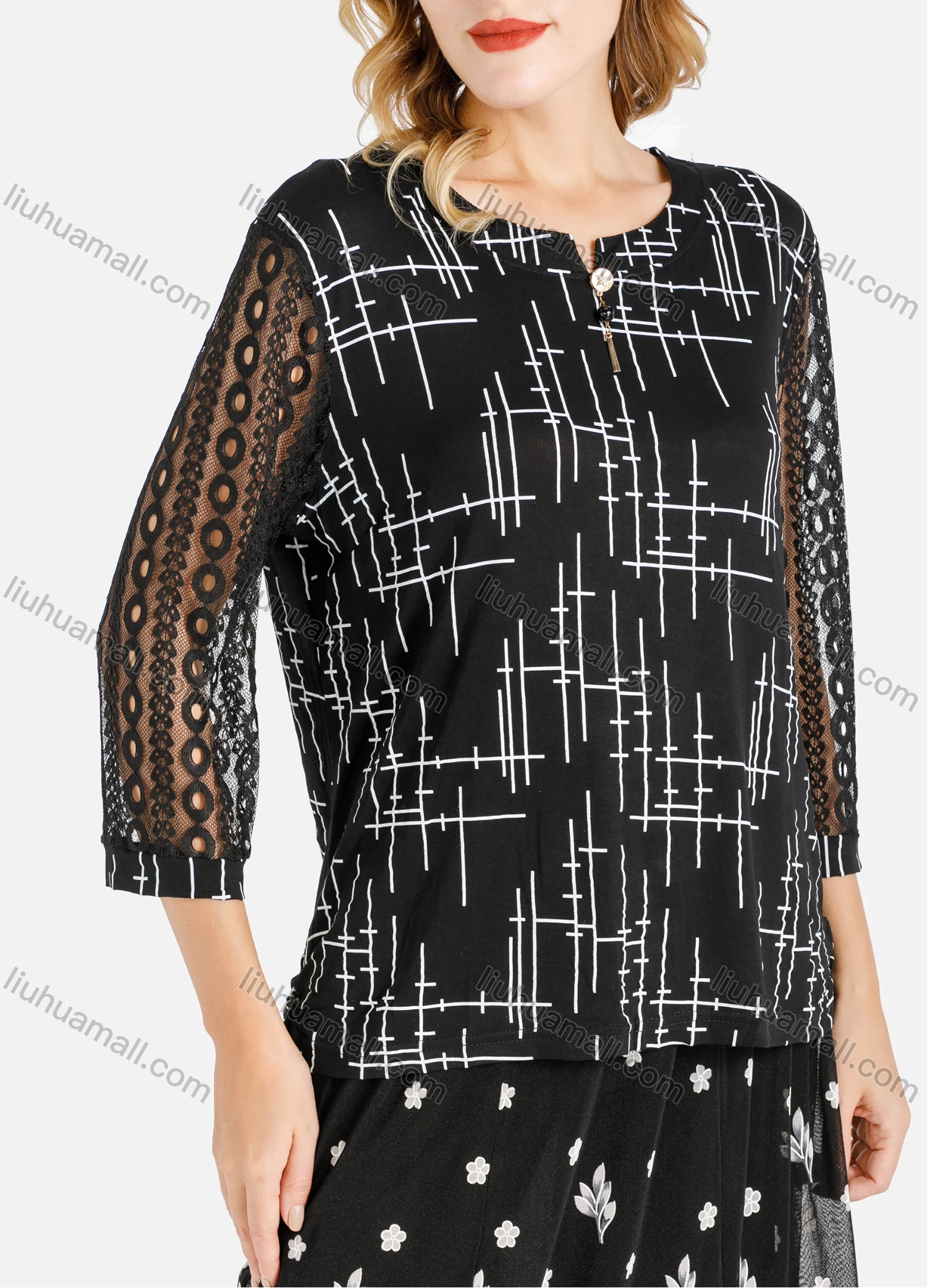 Wholesale Women's Spring Mock Neck 3/4 Sleeve Geo Print Top & Ditsy Godet Hem Midi Skirt Set - Liuhuamall