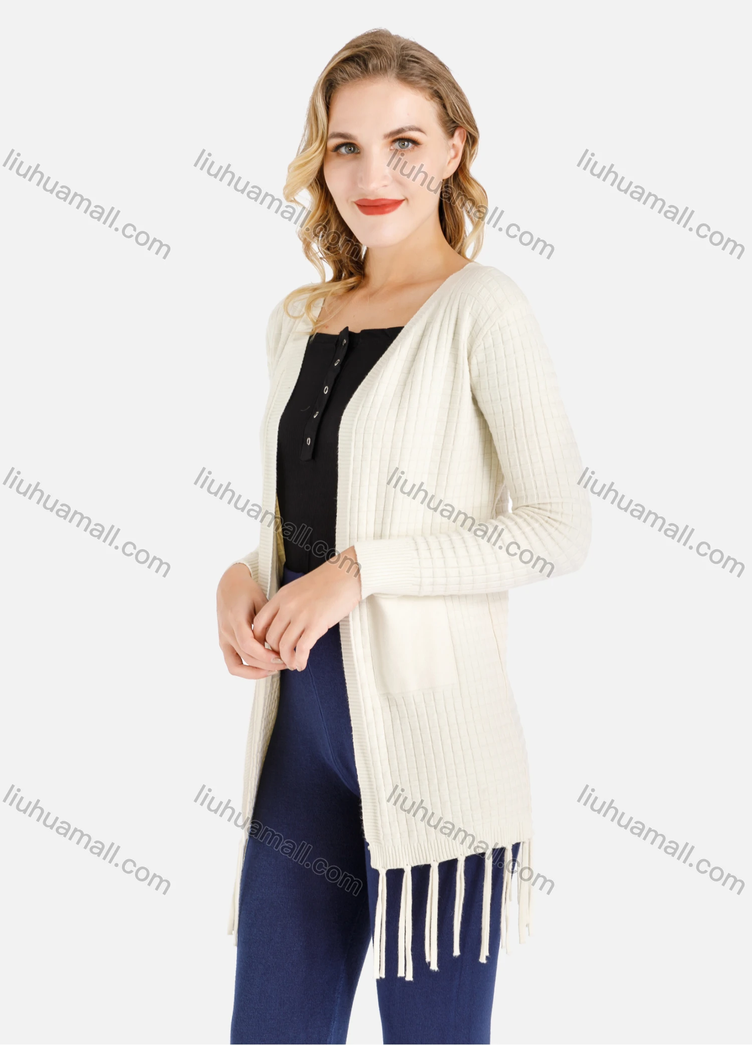 Wholesale Women's Casual Plain Fringe Trim Rib-knit Dual Pocket Cardigan - Liuhuamall