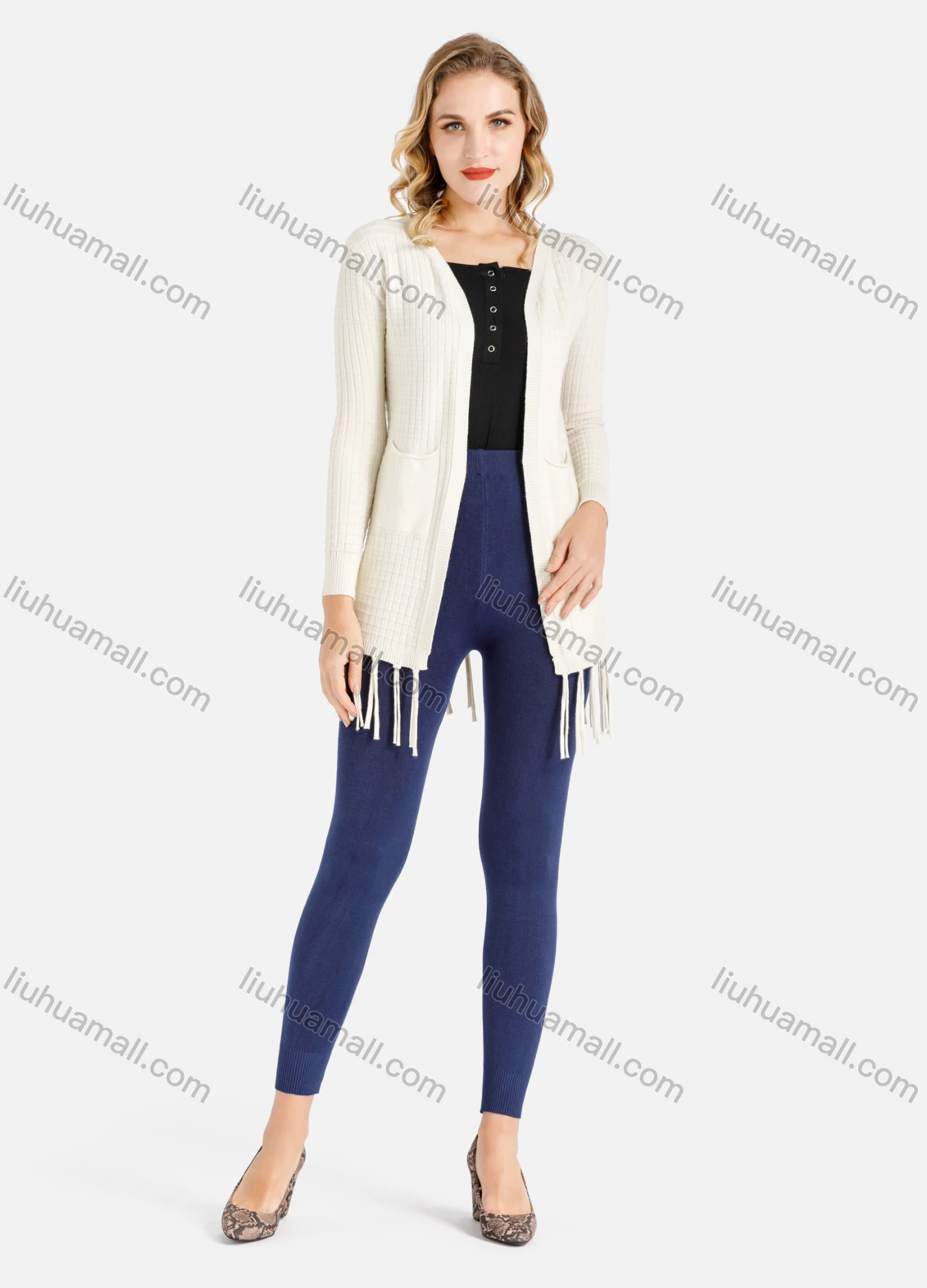 Wholesale Women's Casual Plain Fringe Trim Rib-knit Dual Pocket Cardigan - Liuhuamall