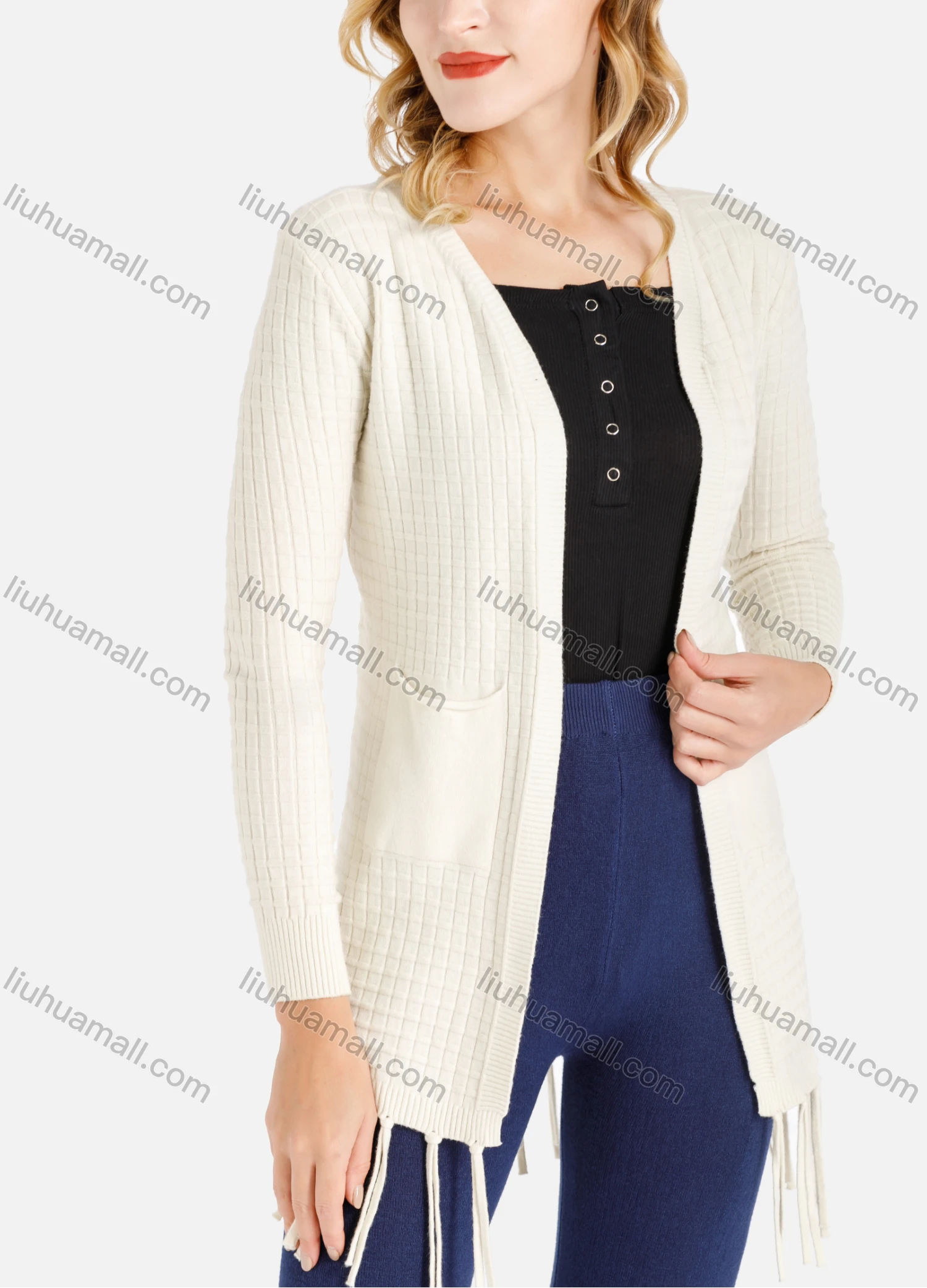 Wholesale Women's Casual Plain Fringe Trim Rib-knit Dual Pocket Cardigan - Liuhuamall