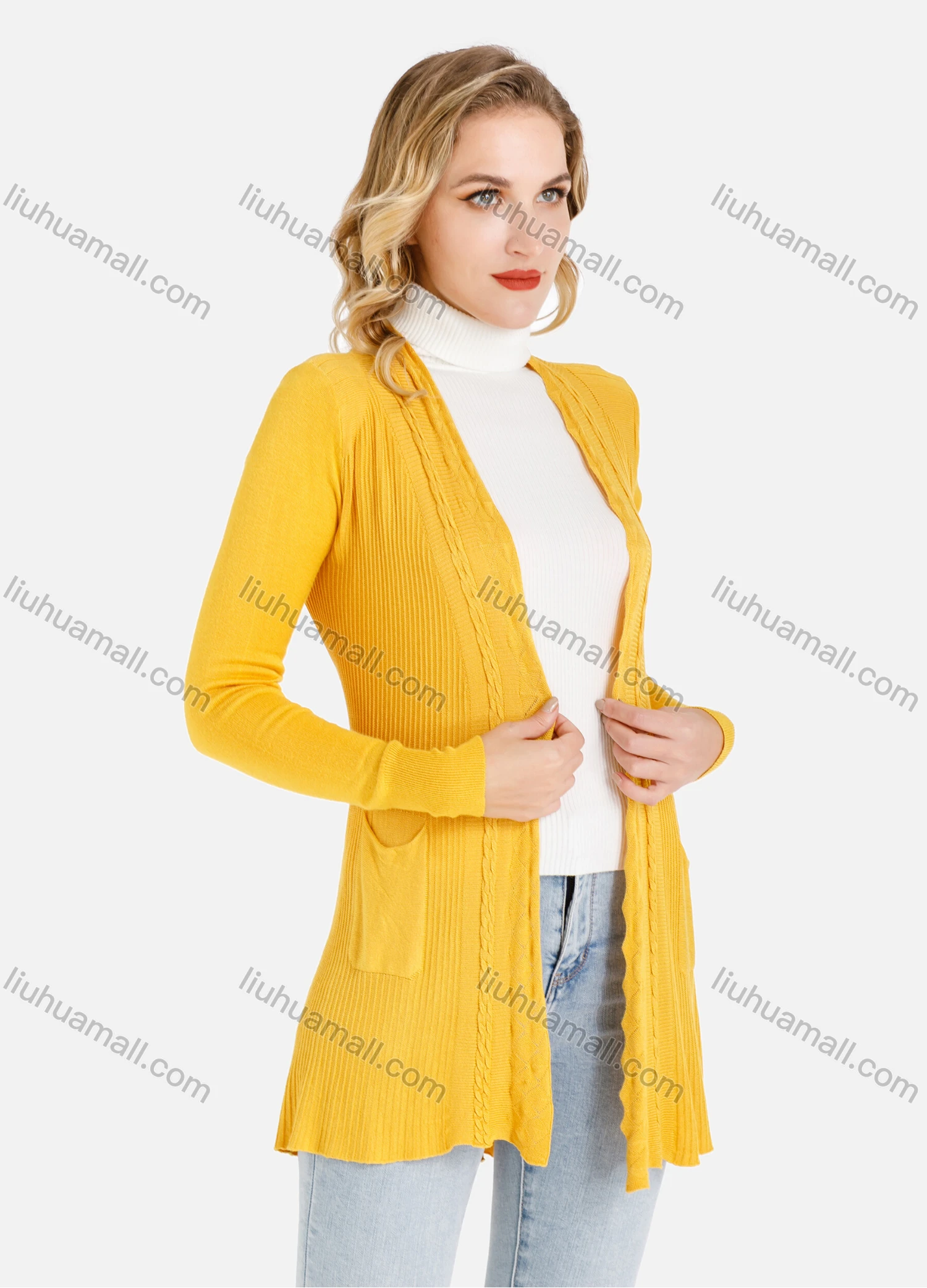 Wholesale Women's Casual Plain Dual Pocket Ruffle Hem Rib-Knit Long Sleeve Cardigan - Liuhuamall