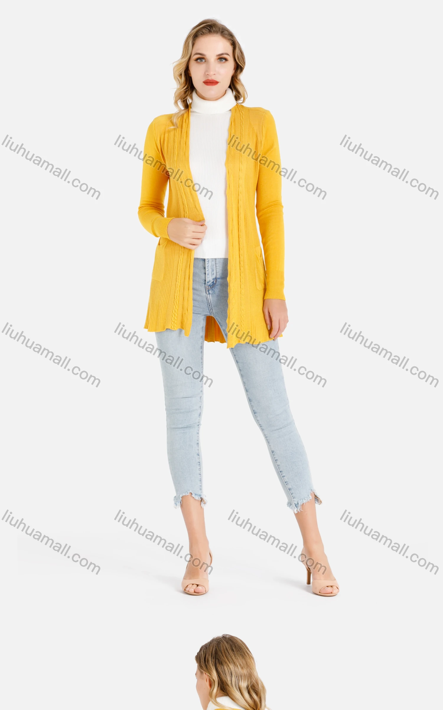 Wholesale Women's Casual Plain Dual Pocket Ruffle Hem Rib-Knit Long Sleeve Cardigan - Liuhuamall