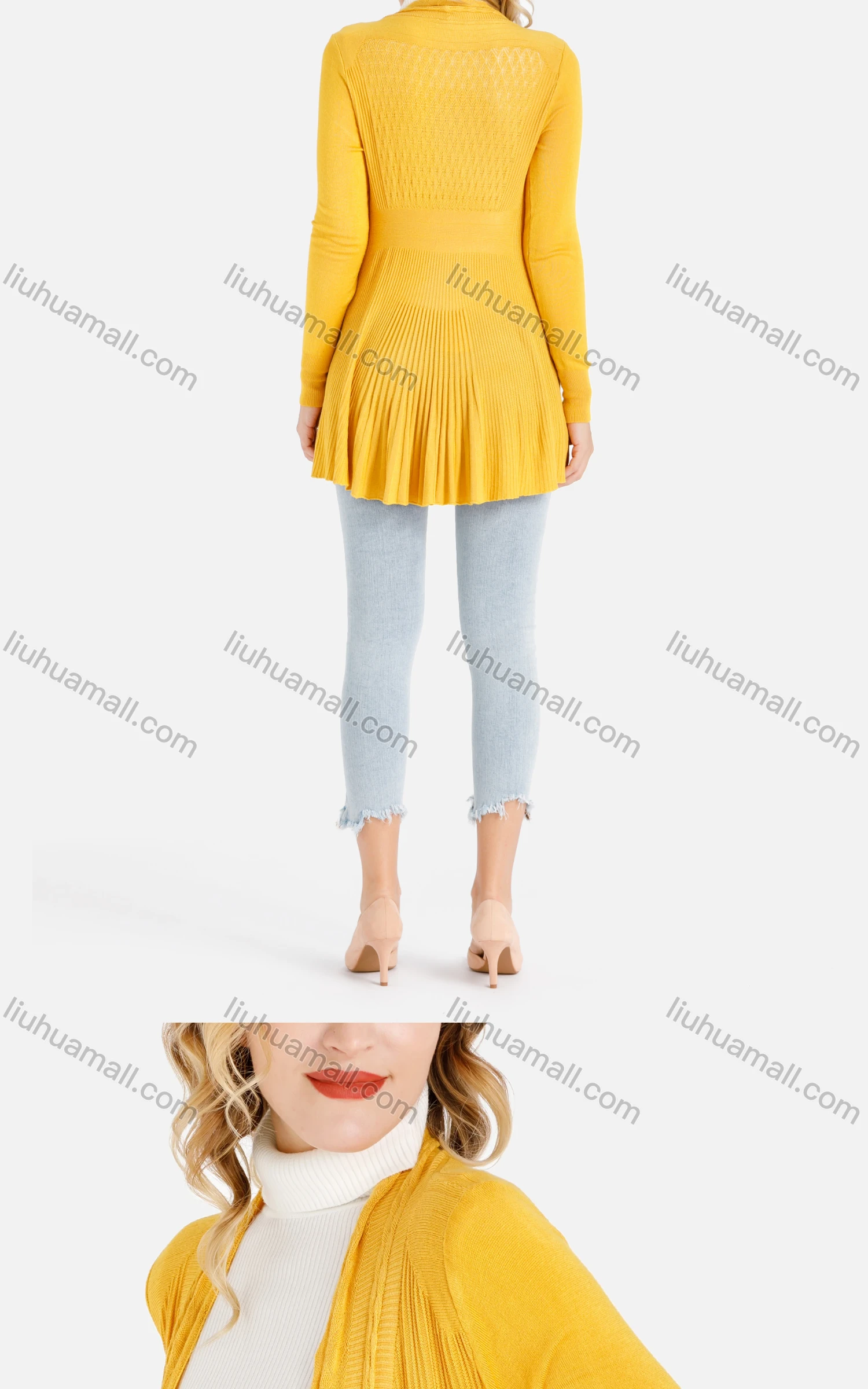 Wholesale Women's Casual Plain Dual Pocket Ruffle Hem Rib-Knit Long Sleeve Cardigan - Liuhuamall