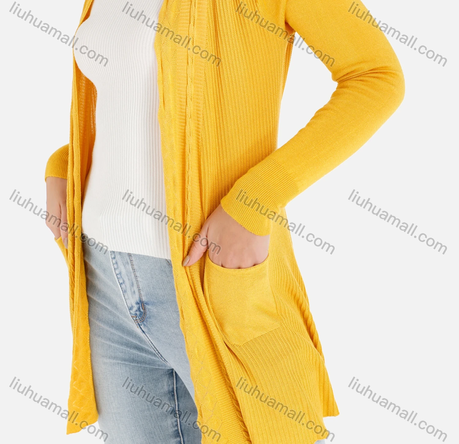 Wholesale Women's Casual Plain Dual Pocket Ruffle Hem Rib-Knit Long Sleeve Cardigan - Liuhuamall