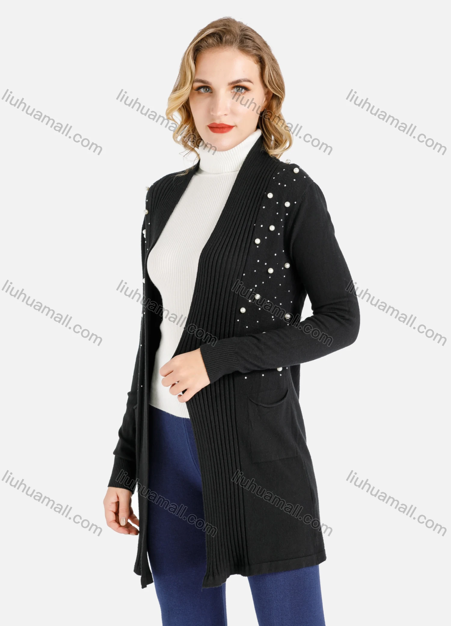 Wholesale Women's Casual Dual Pocket Rib-Knit Trim Rhinestone & Pearl Decor Cardigan - Liuhuamall