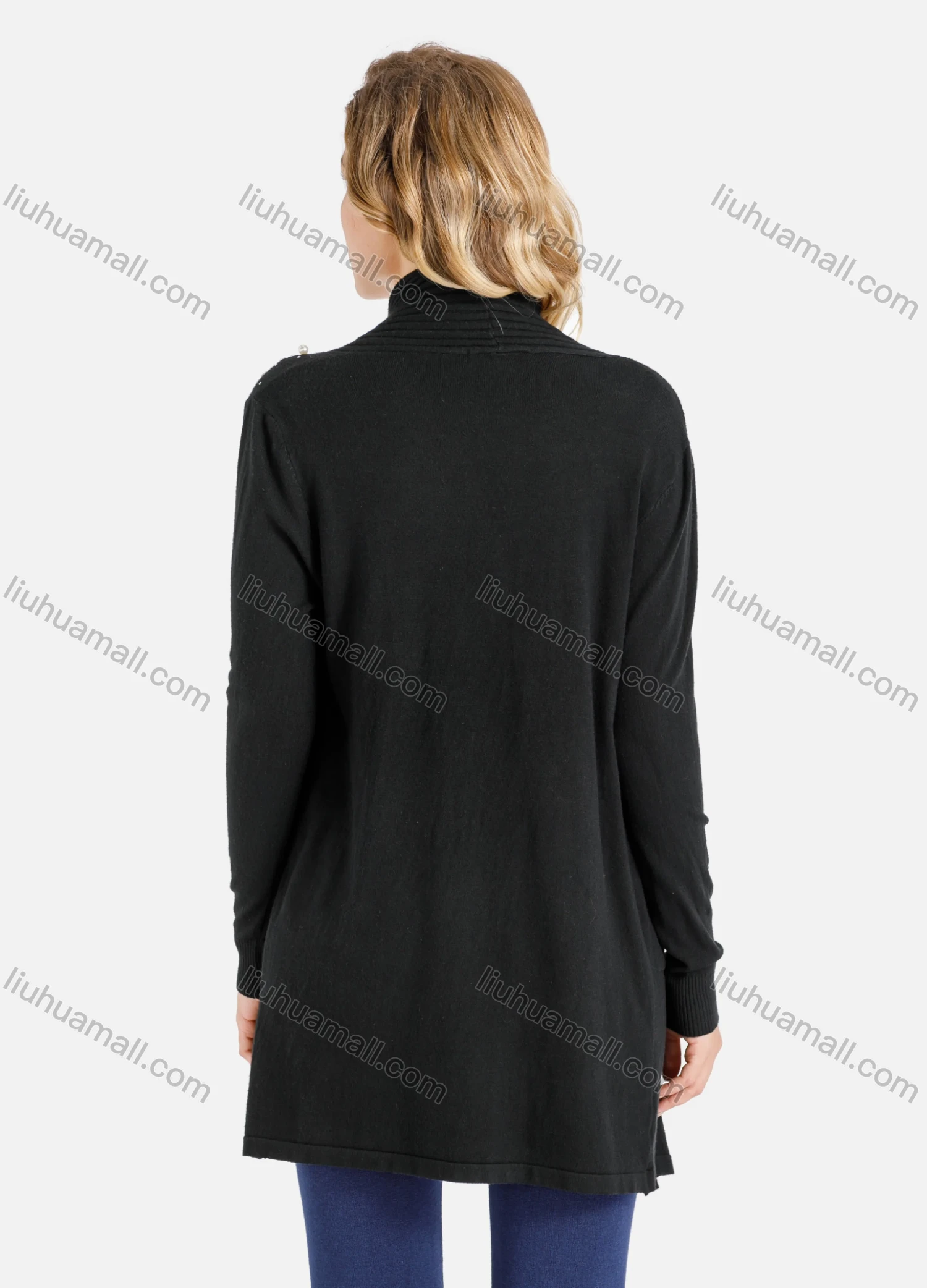 Wholesale Women's Casual Dual Pocket Rib-Knit Trim Rhinestone & Pearl Decor Cardigan - Liuhuamall