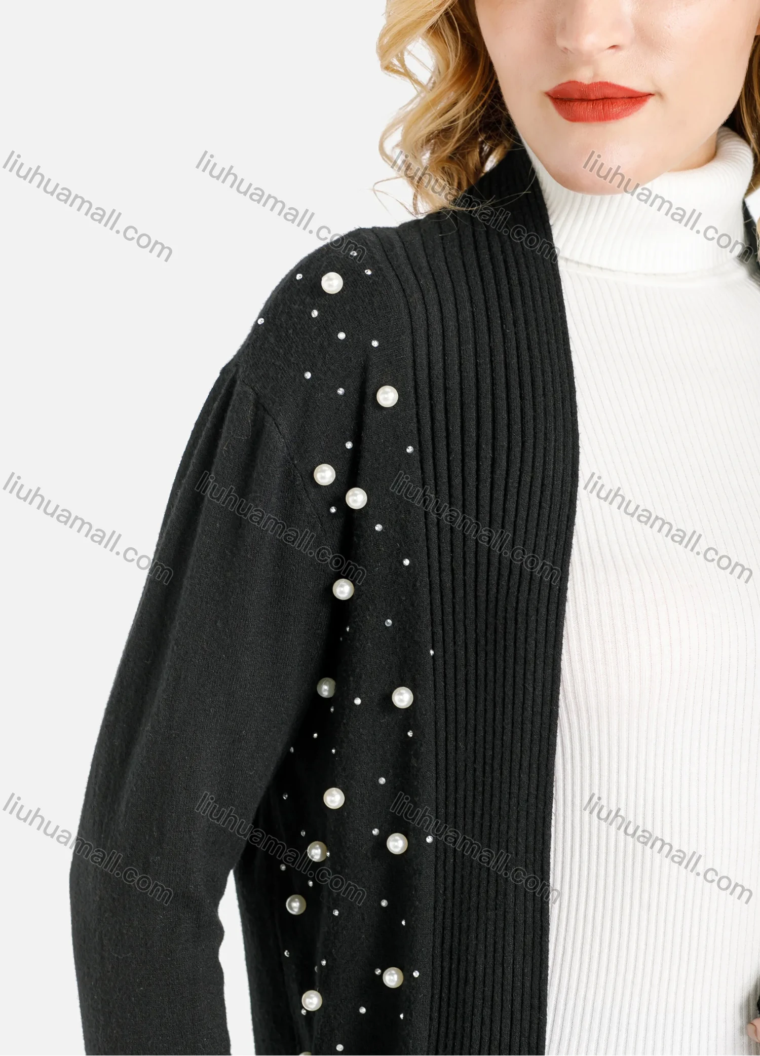 Wholesale Women's Casual Dual Pocket Rib-Knit Trim Rhinestone & Pearl Decor Cardigan - Liuhuamall