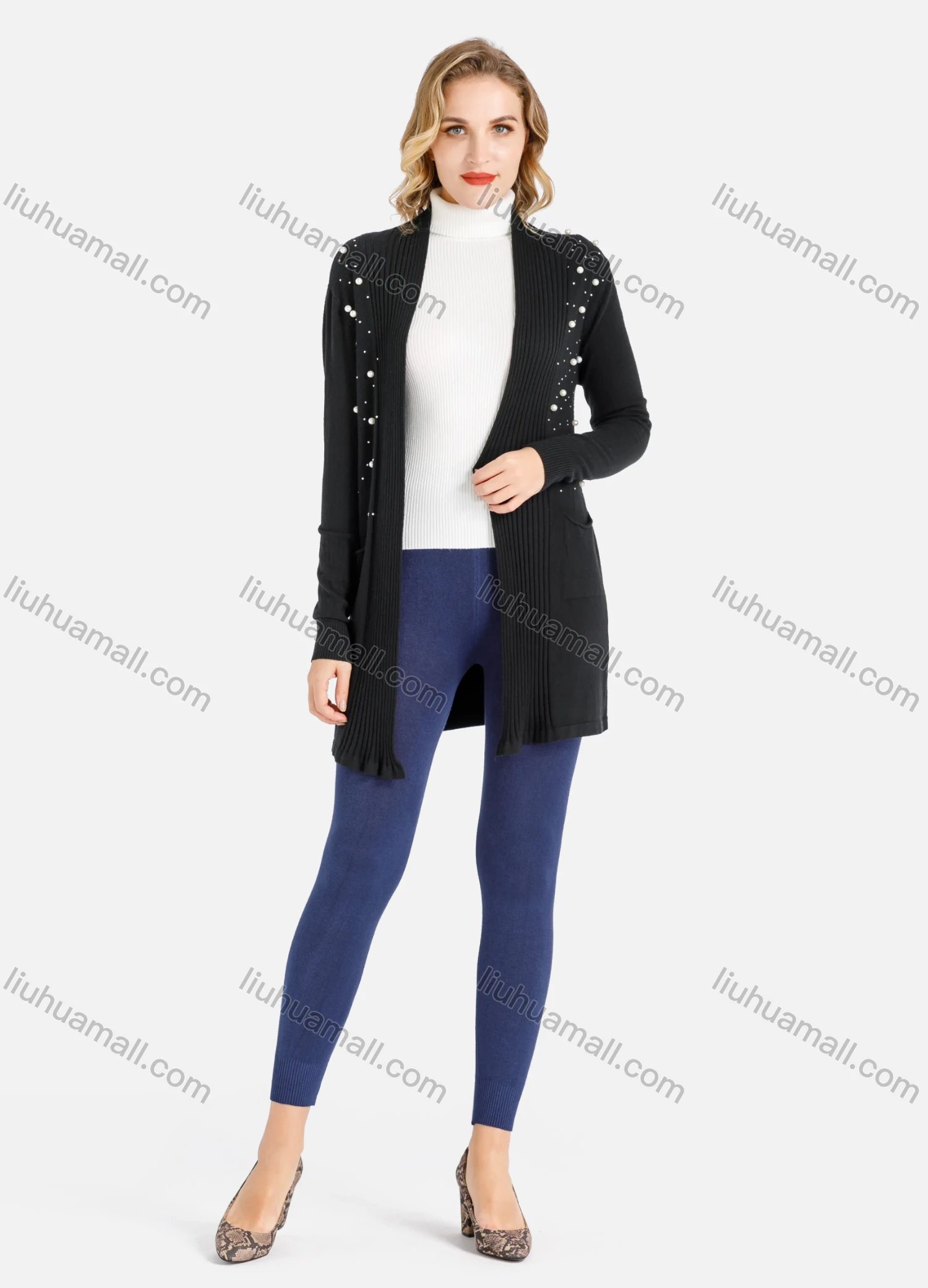 Wholesale Women's Casual Dual Pocket Rib-Knit Trim Rhinestone & Pearl Decor Cardigan - Liuhuamall