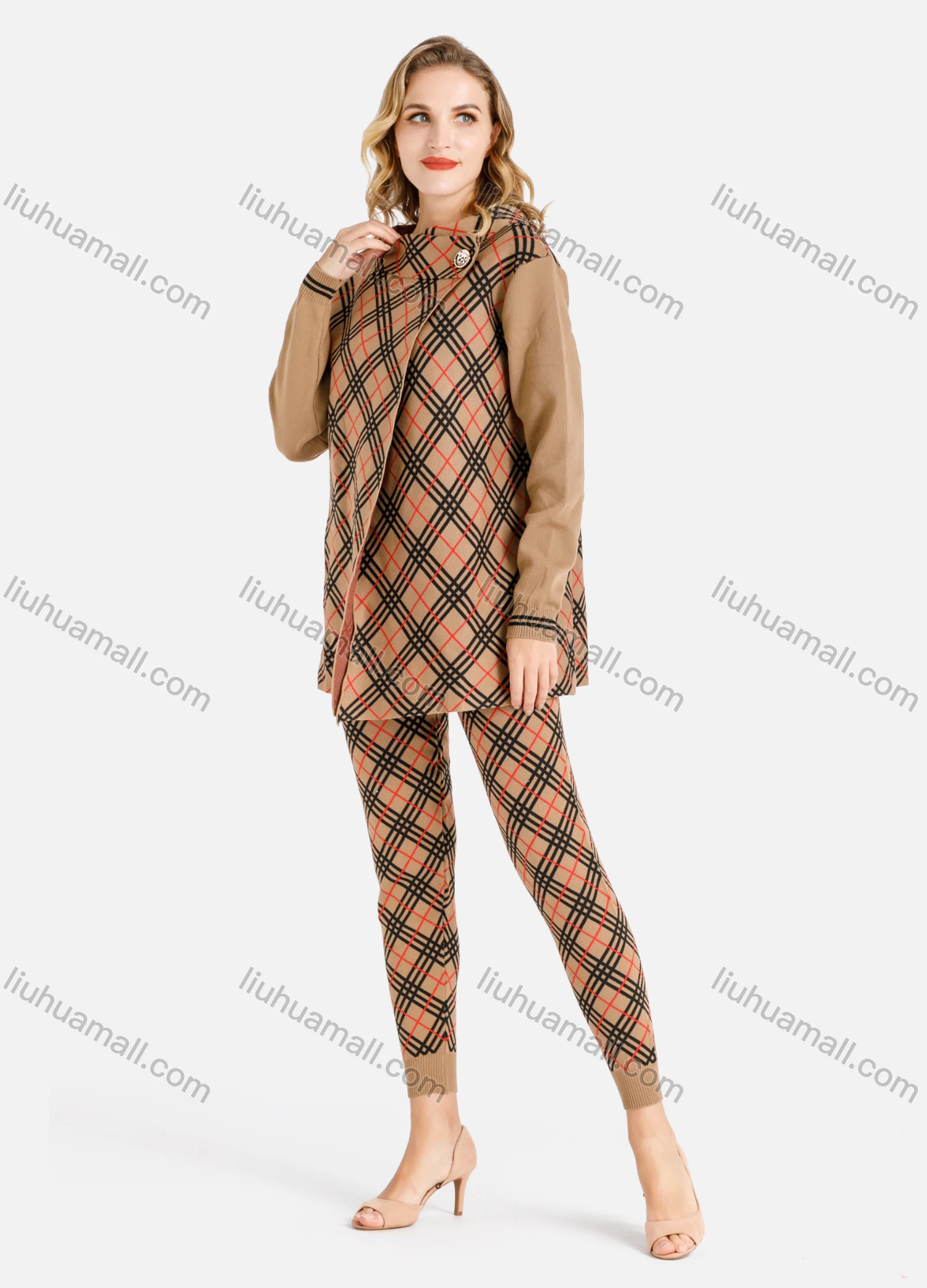 Wholesale Women's Casual Striped Grid Print Rib-Knit Cuff Hooded Set - Liuhuamall