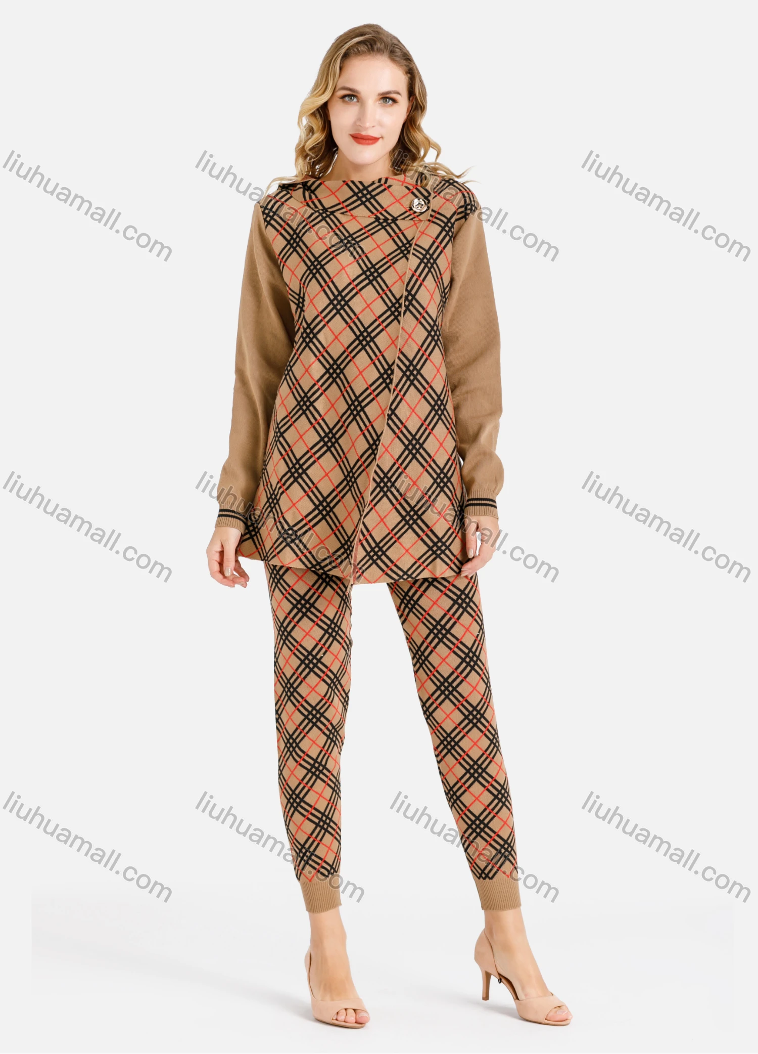 Wholesale Women's Casual Striped Grid Print Rib-Knit Cuff Hooded Set - Liuhuamall