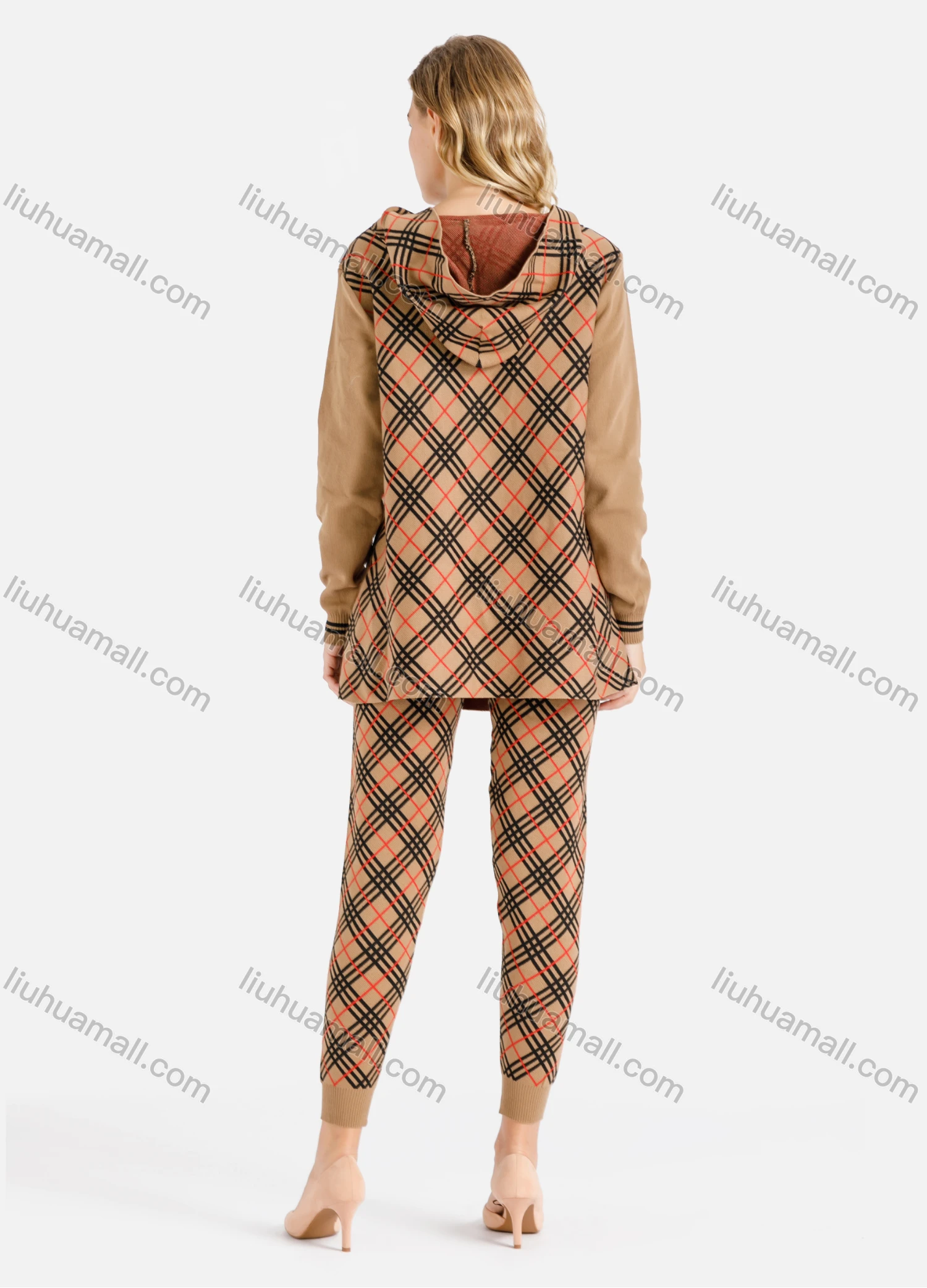 Wholesale Women's Casual Striped Grid Print Rib-Knit Cuff Hooded Set - Liuhuamall