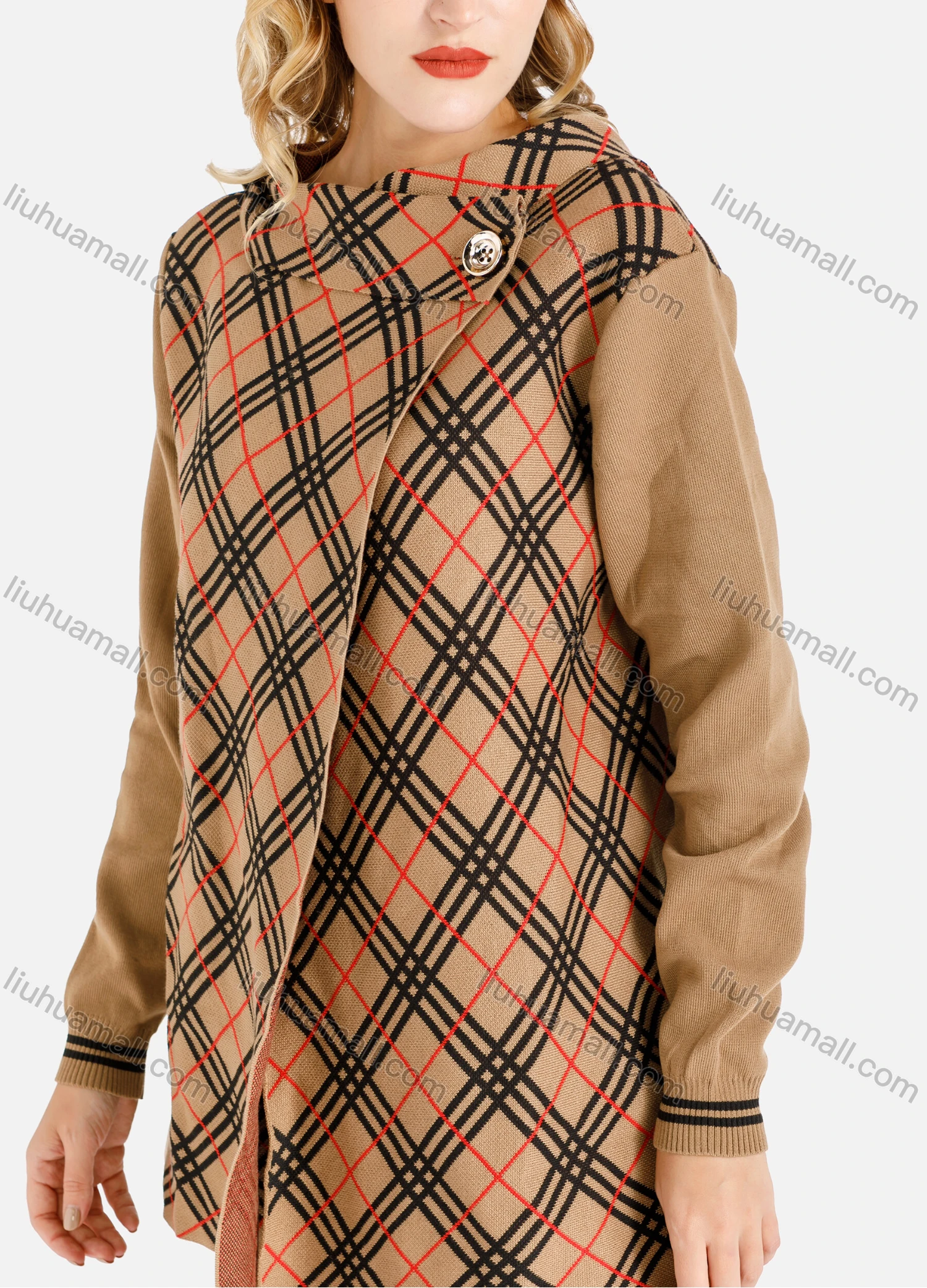 Wholesale Women's Casual Striped Grid Print Rib-Knit Cuff Hooded Set - Liuhuamall