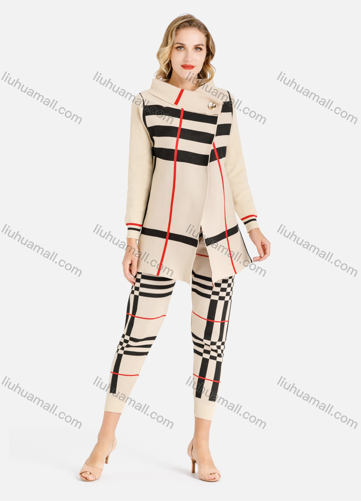Wholesale Women's Casual Collar Button Detail Rib-Knit Color Block Striped Set - Liuhuamall