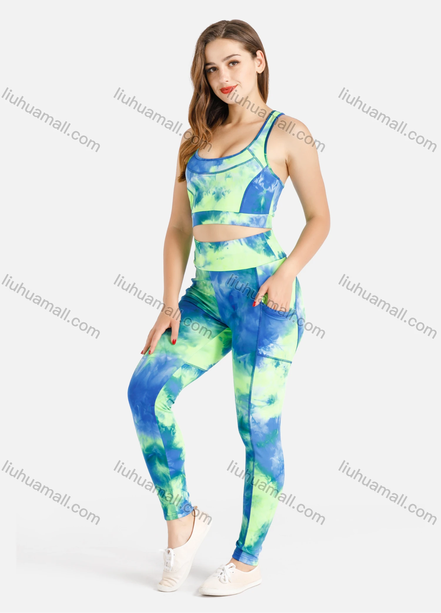 Wholesale Women's Tie-Dye Venetian Cut And Sew Racer Back Tank Top With Leggings - Liuhuamall