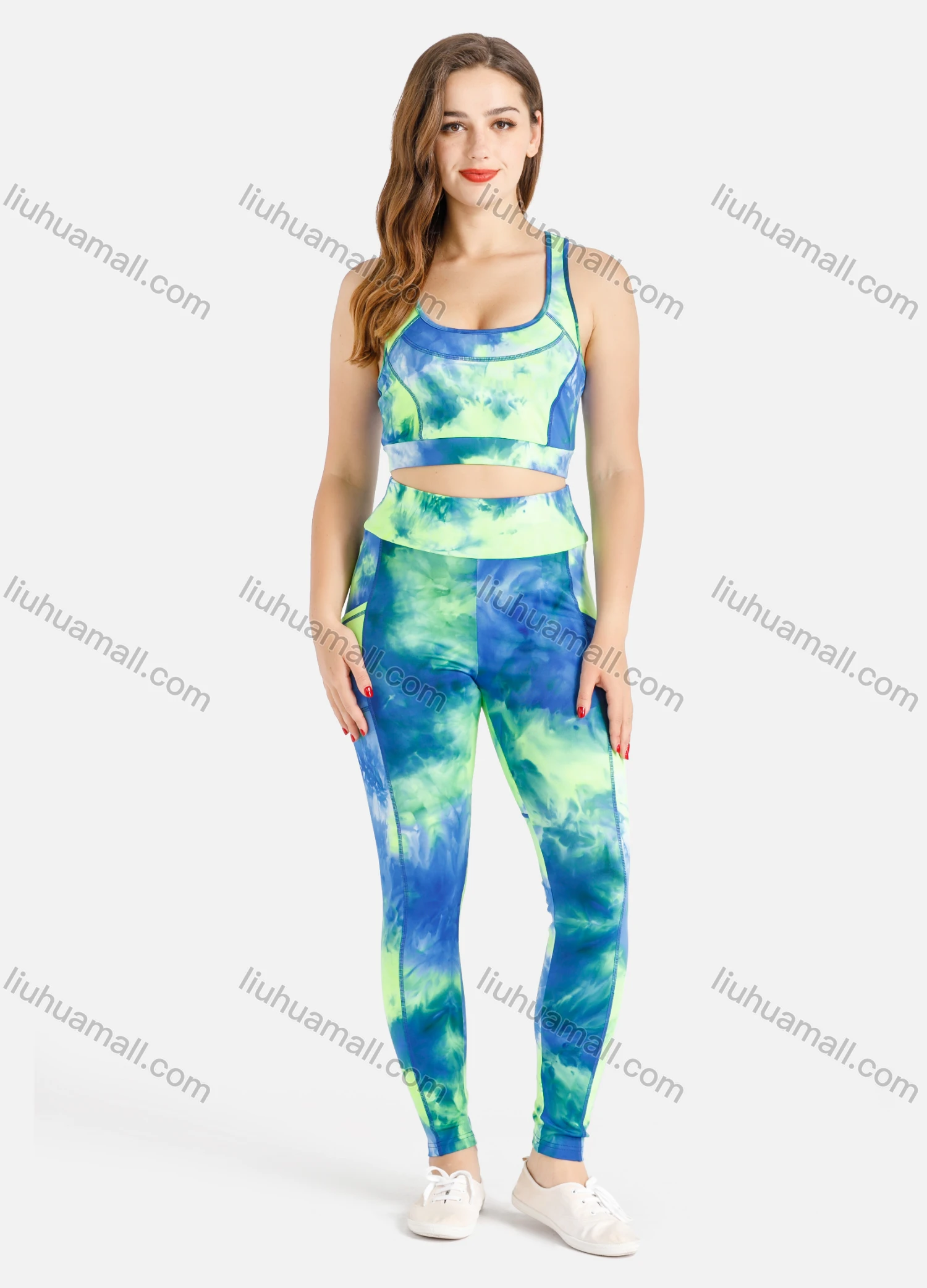 Wholesale Women's Tie-Dye Venetian Cut And Sew Racer Back Tank Top With Leggings - Liuhuamall