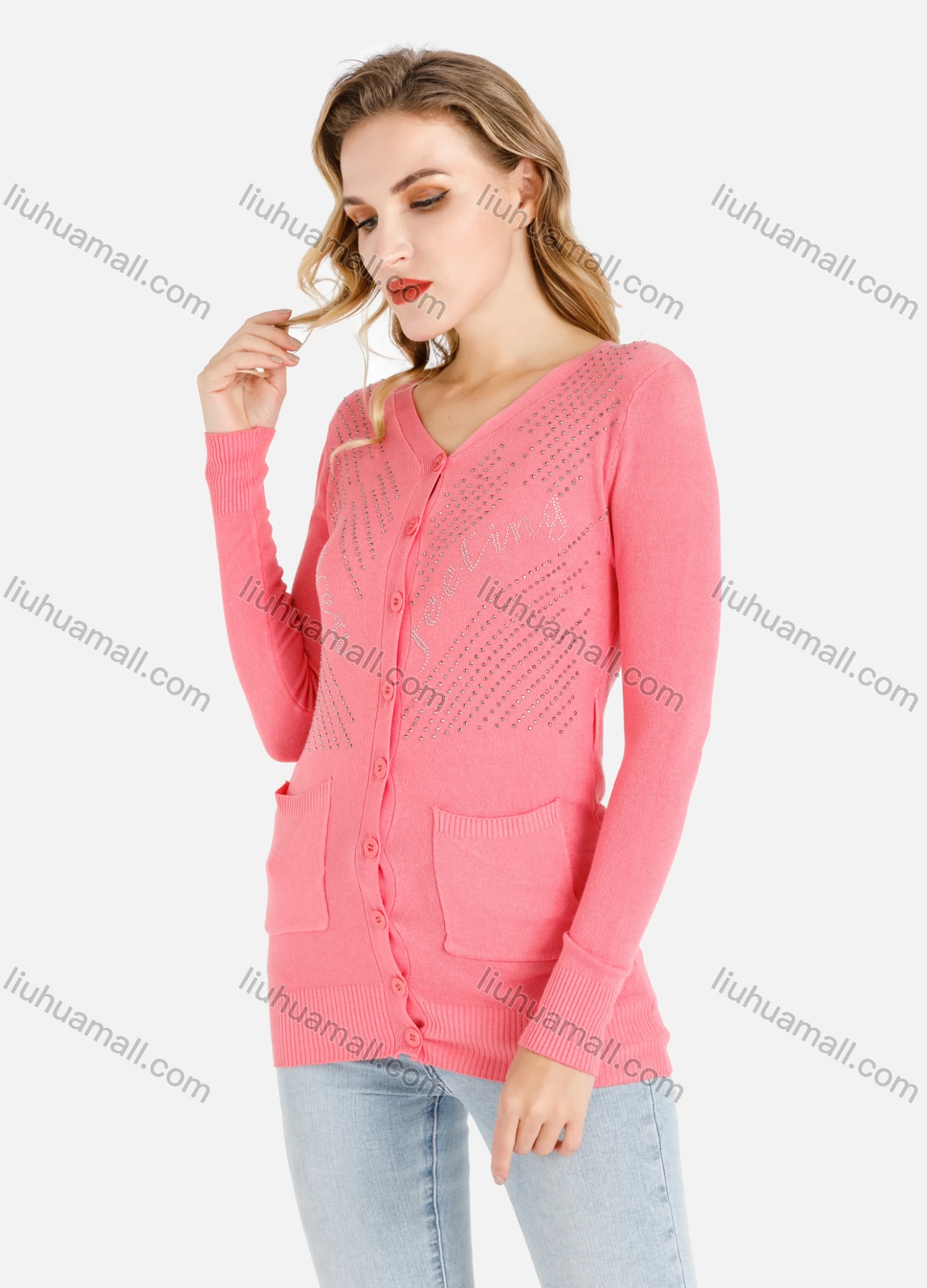Wholesale Women's Pink V-Neck Rhinestone Striped & Letter Appliques Slim Fit Knit Cardigan - Liuhuamall