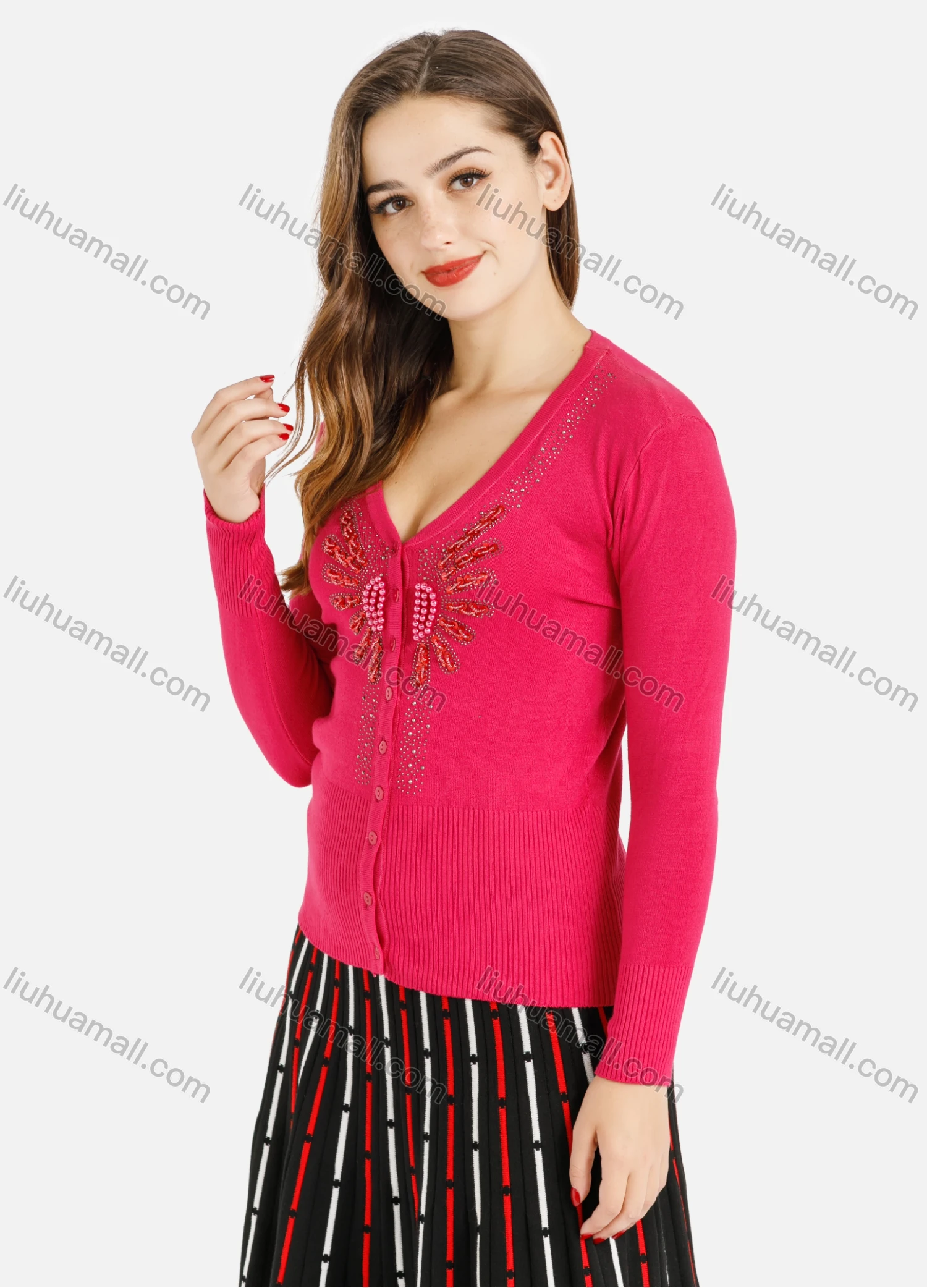 Wholesale Women's V-Neck Pearls Rhinestone Sequin Floral Appliques Long Sleeve Knit Cardigan - Liuhuamall