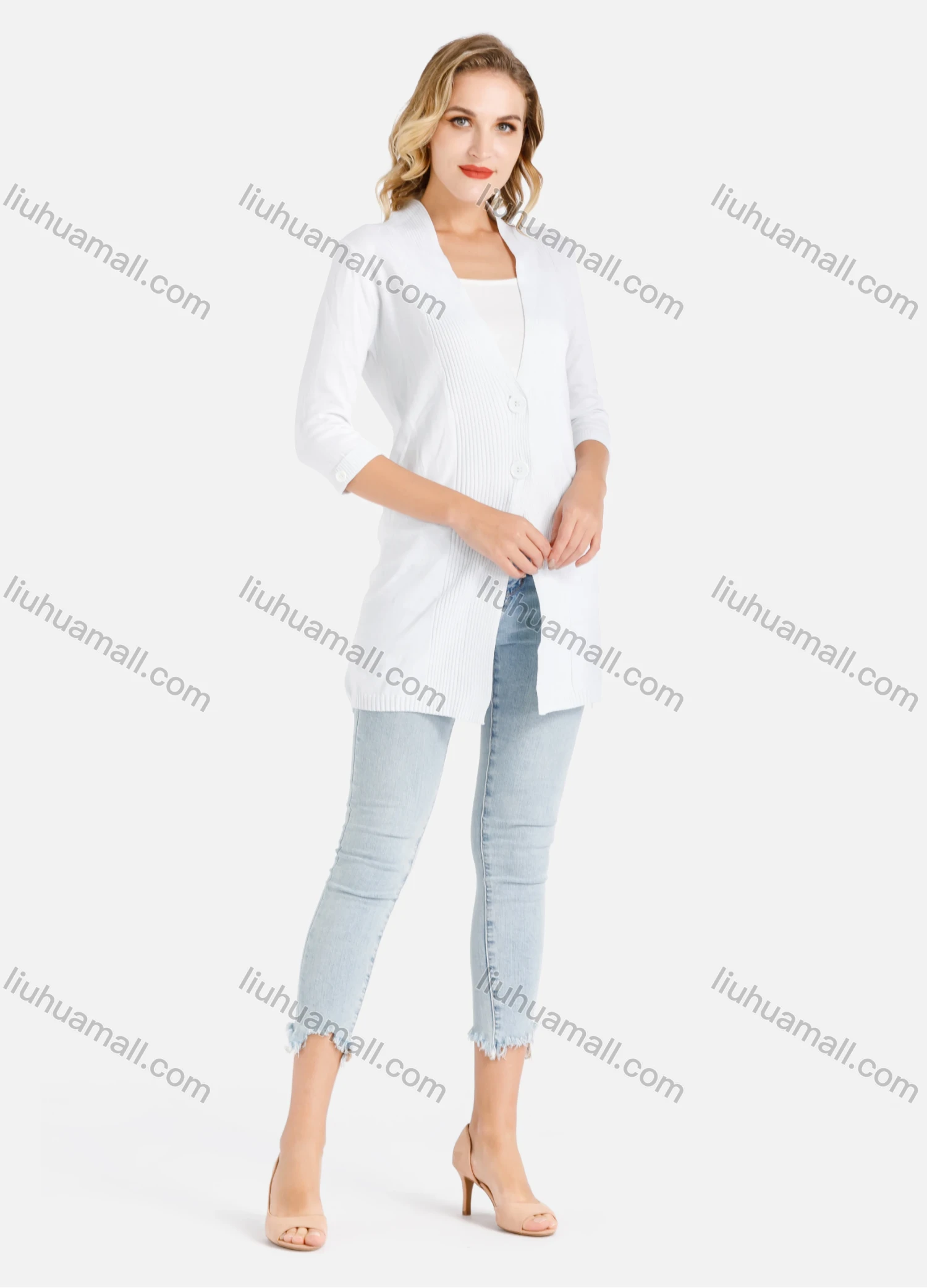 Wholesale Women's Plain Rib-knit Trim Buckled Cuff 3/4 Sleeve Knit Cardigan - Liuhuamall