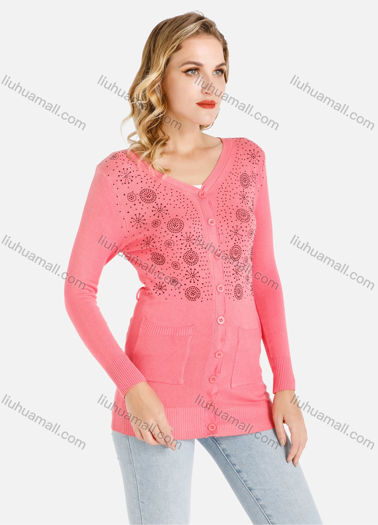 Wholesale Women's Open Front V-Neck Rhinestone Appliques Slim Fit Knit Cardigan - Liuhuamall