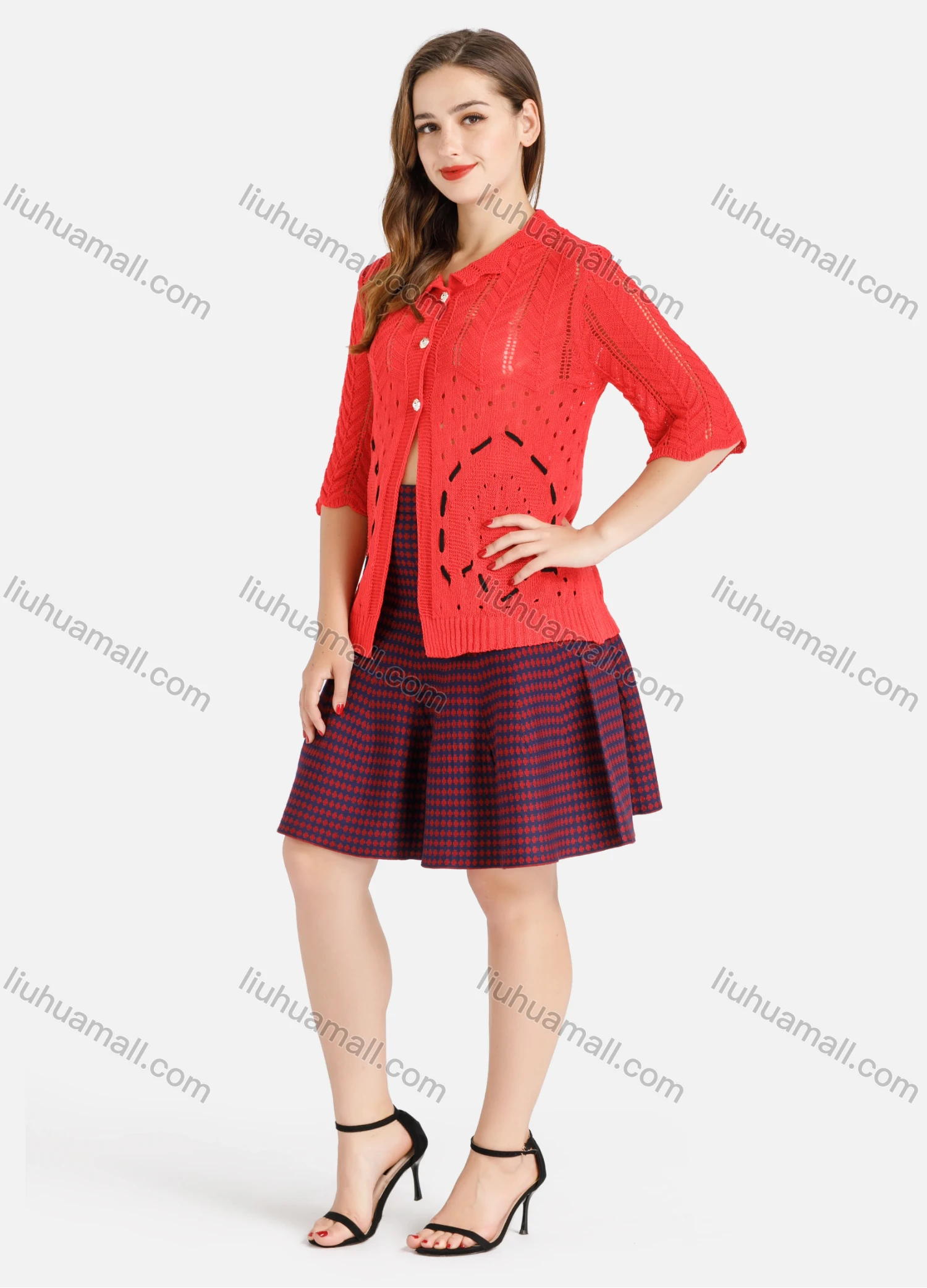 Wholesale Women's Rib-knit Button Down Cut Out Half Sleeve Knit Cardigan - Liuhuamall