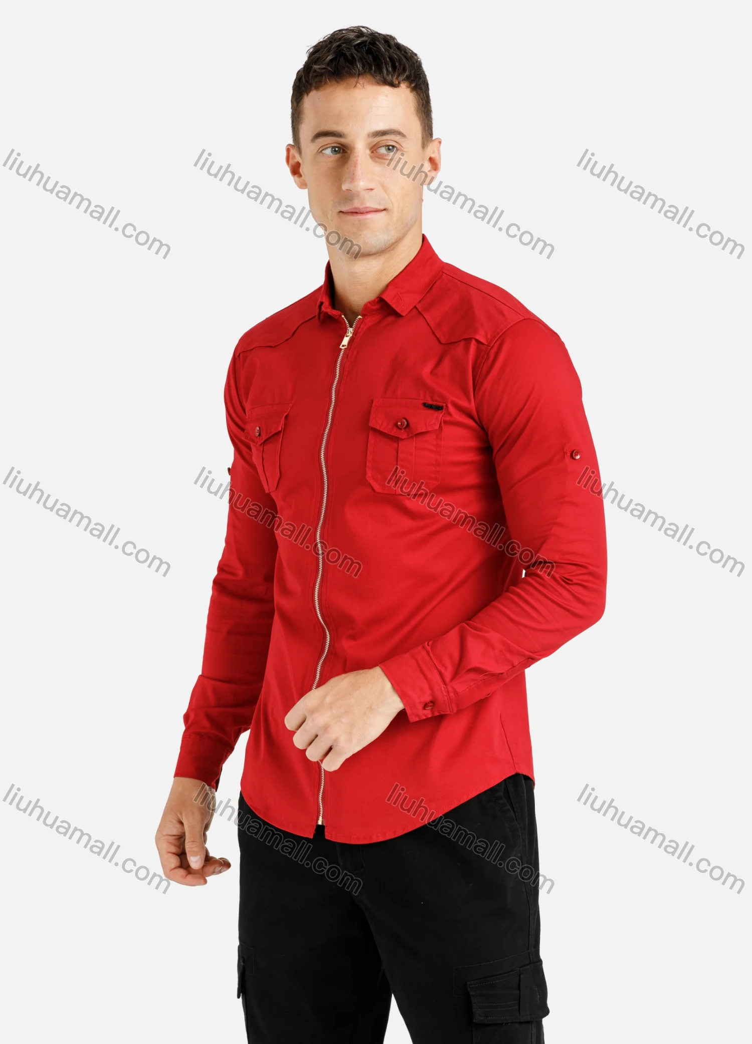 Wholesale Men's Dual Flap Pockets Zipper Long Sleeve Overshirt Jacket - Liuhuamall