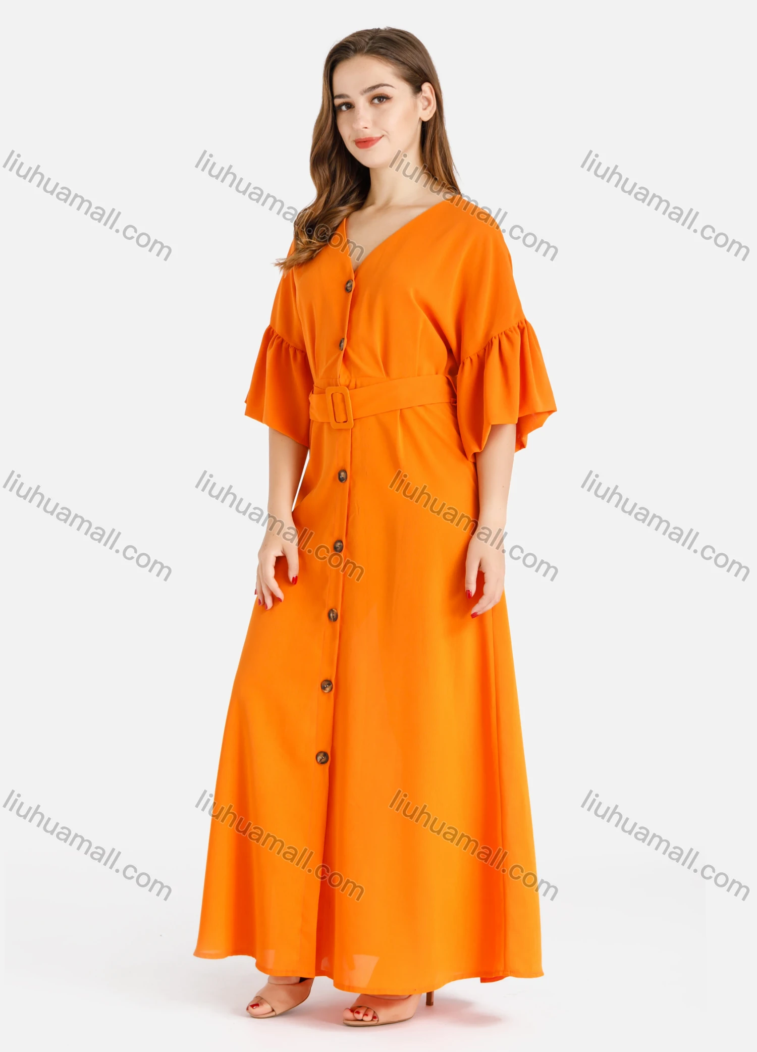 Wholesale Women's Casual Plain V-Neck Ruffle Sleeve Buttons Down Maxi Dress With Belt - Liuhuamall